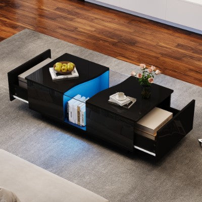 Led Coffee Table With 2 Drawer Storage, High Gloss Coffee Table For Living Room