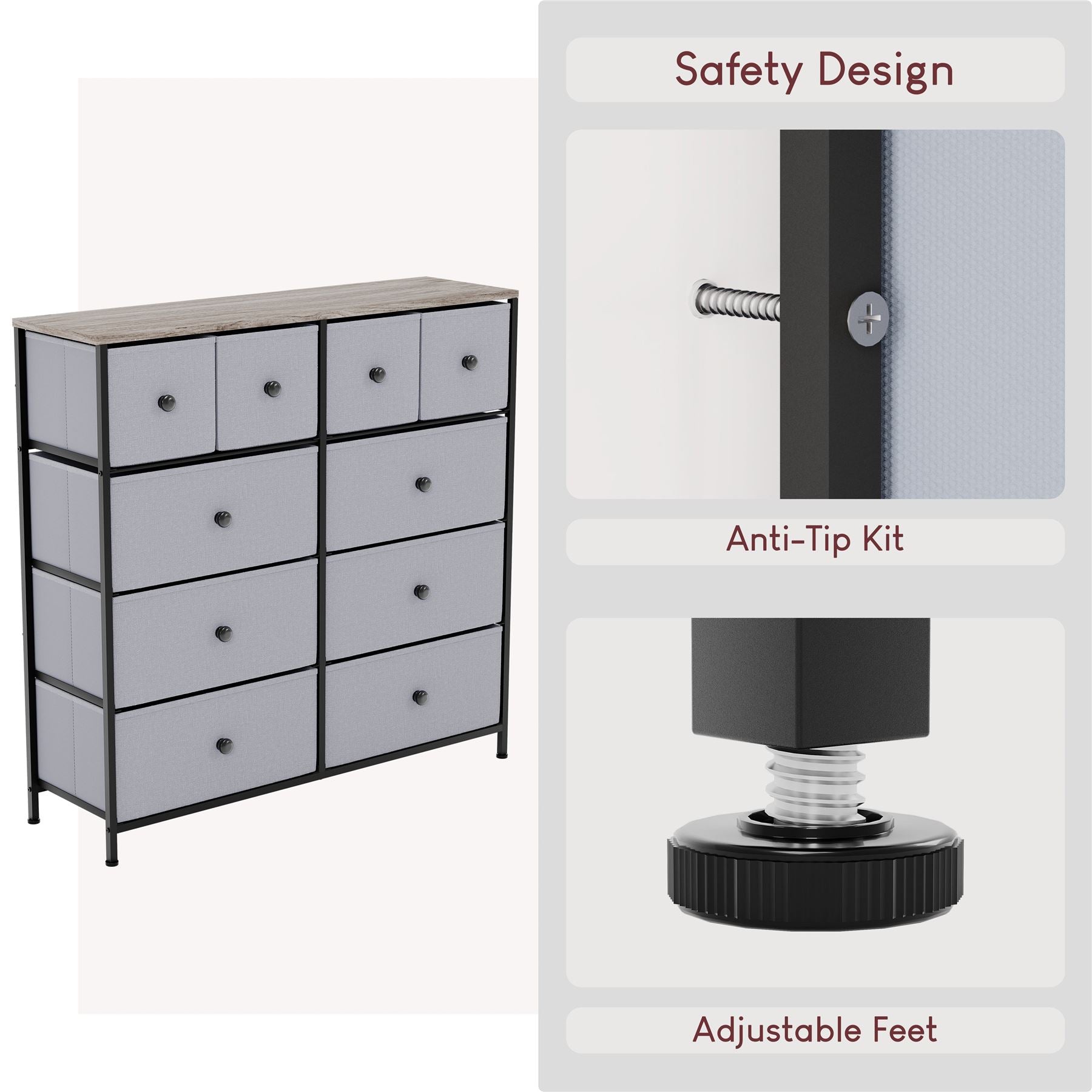 Modern Fabric Chest of Drawers Storage 'UKFR' Beige & Grey Bedroom Furniture