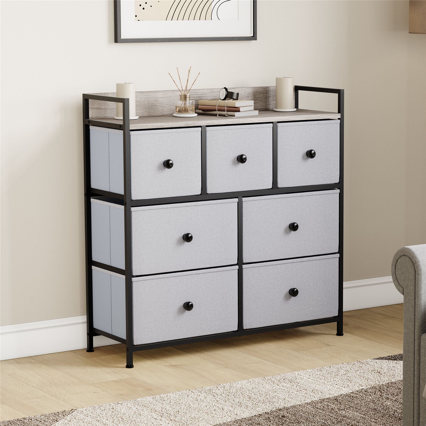 Modern Fabric Chest of Drawers Storage 'UKFR' Beige & Grey Bedroom Furniture