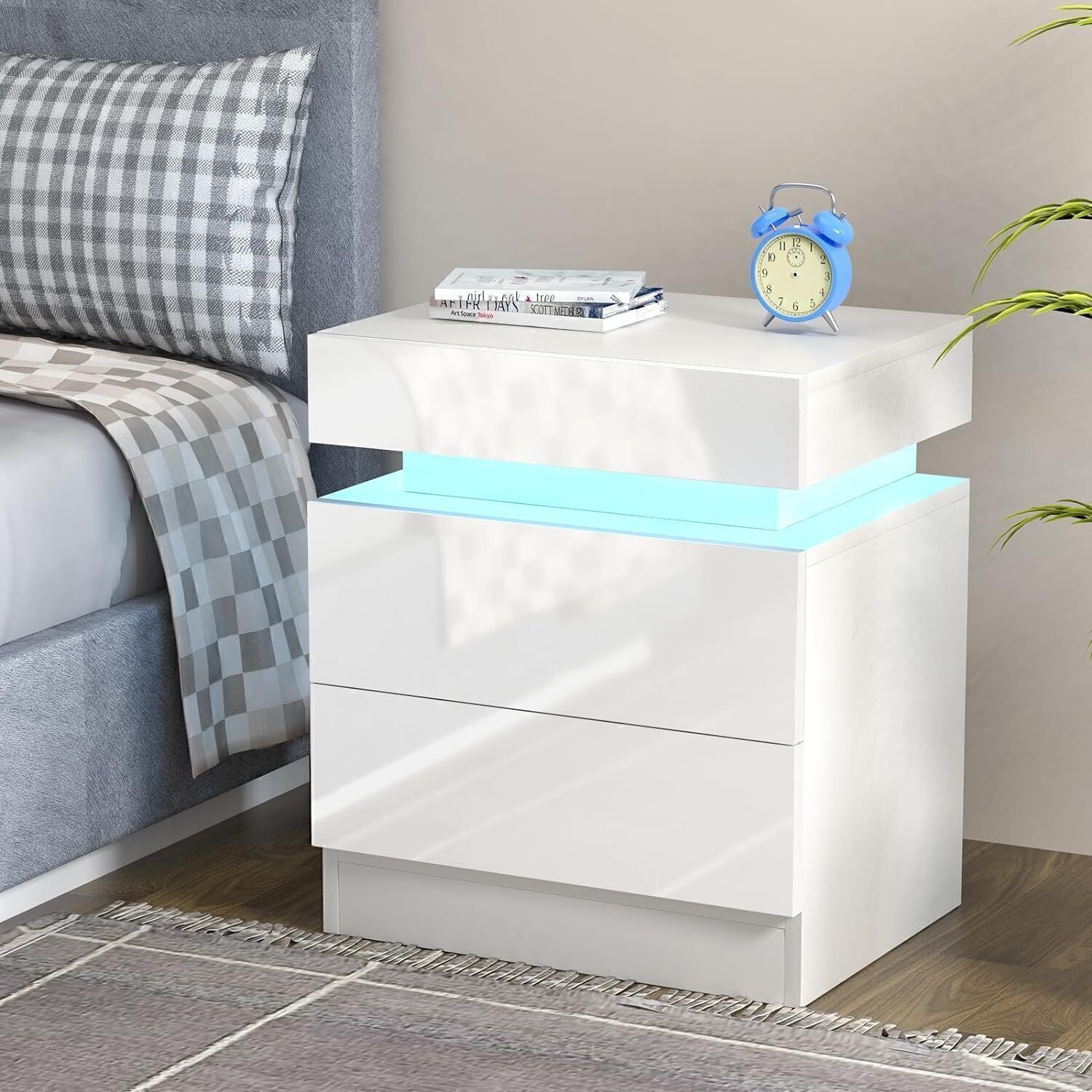 High Gloss 2/3 Drawer Bedside Table Cabinet LED RGB Light Storage Nightstand