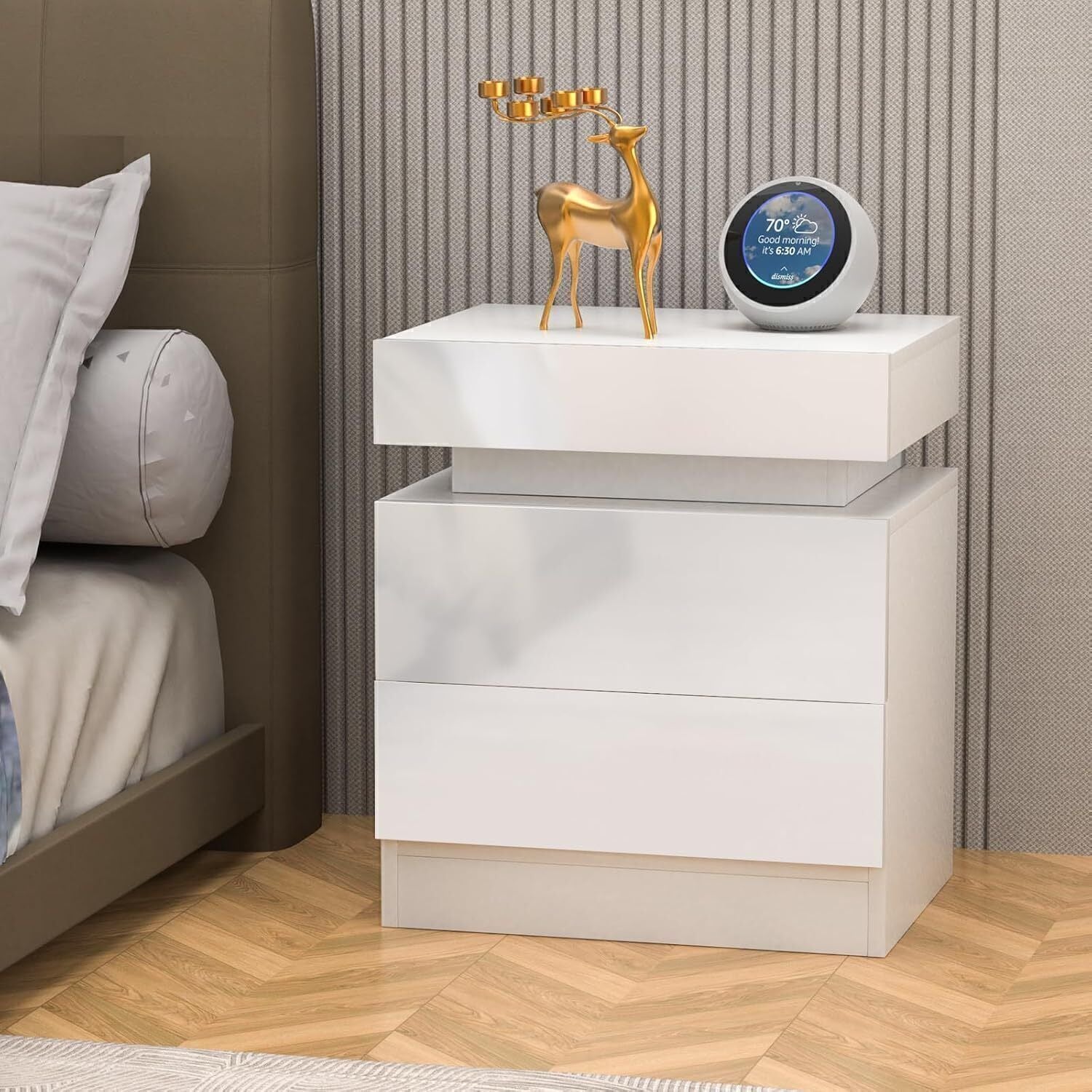 High Gloss 2/3 Drawer Bedside Table Cabinet LED RGB Light Storage Nightstand