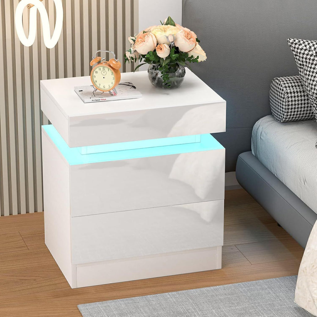 High Gloss 2/3 Drawer Bedside Table Cabinet LED RGB Light Storage Nightstand