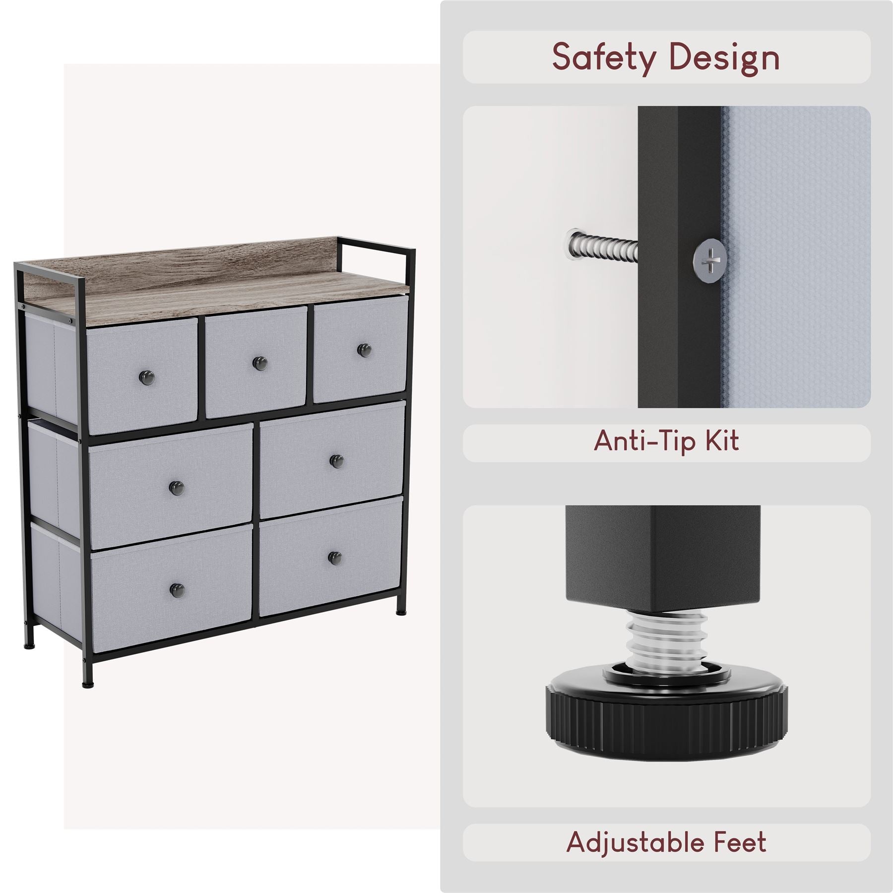 Modern Fabric Chest of Drawers Storage 'UKFR' Beige & Grey Bedroom Furniture