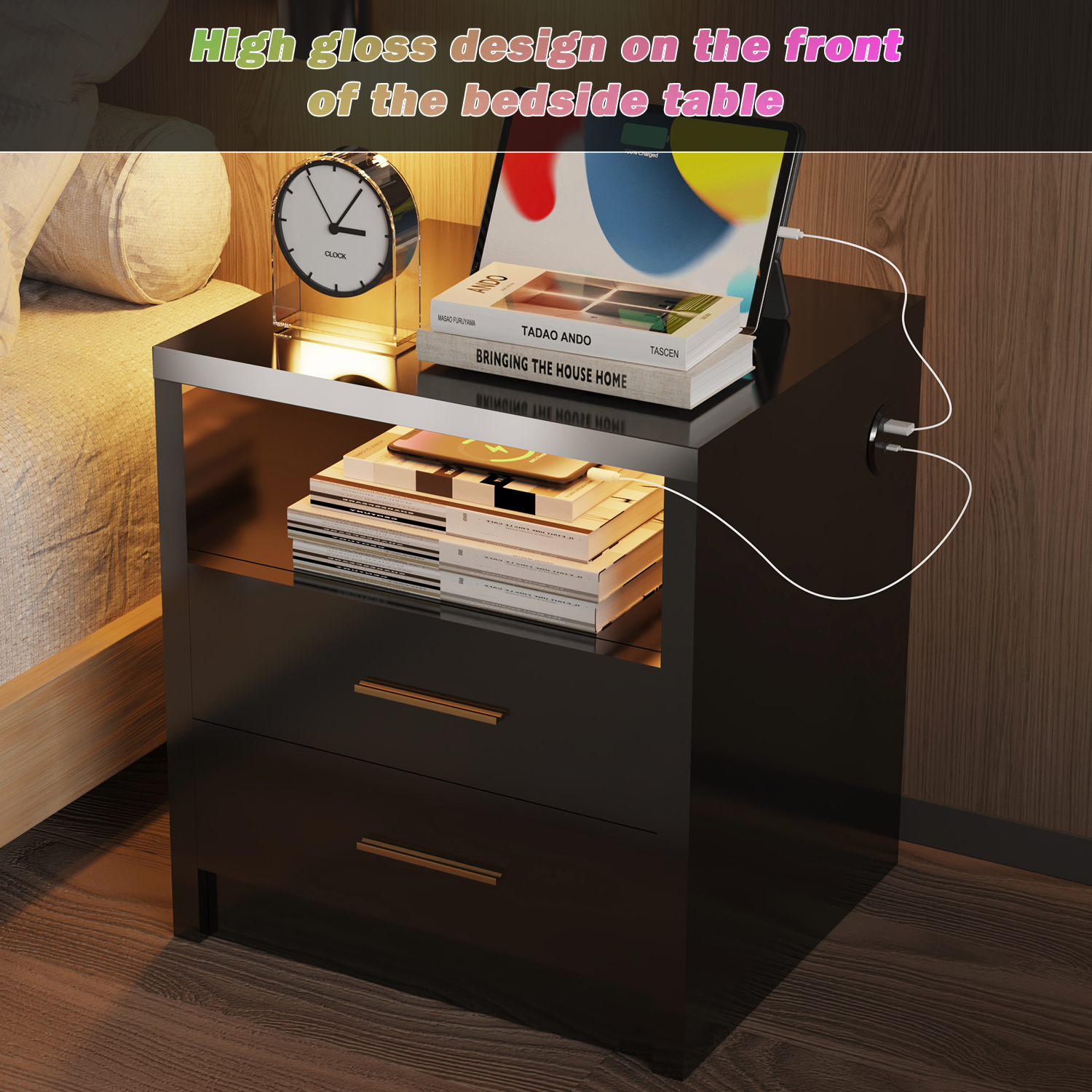 2/3 Drawers High Gloss Front Bedside Table Cabinet LED Nightstand With Charging