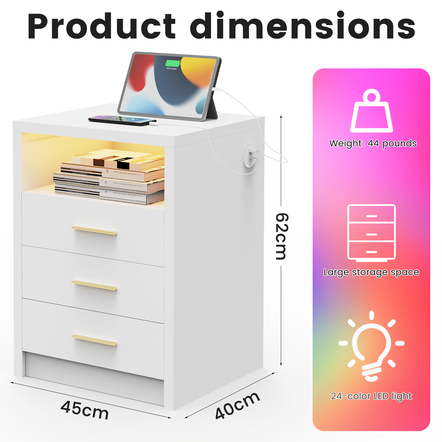 2/3 Drawers High Gloss Front Bedside Table Cabinet LED Nightstand With Charging