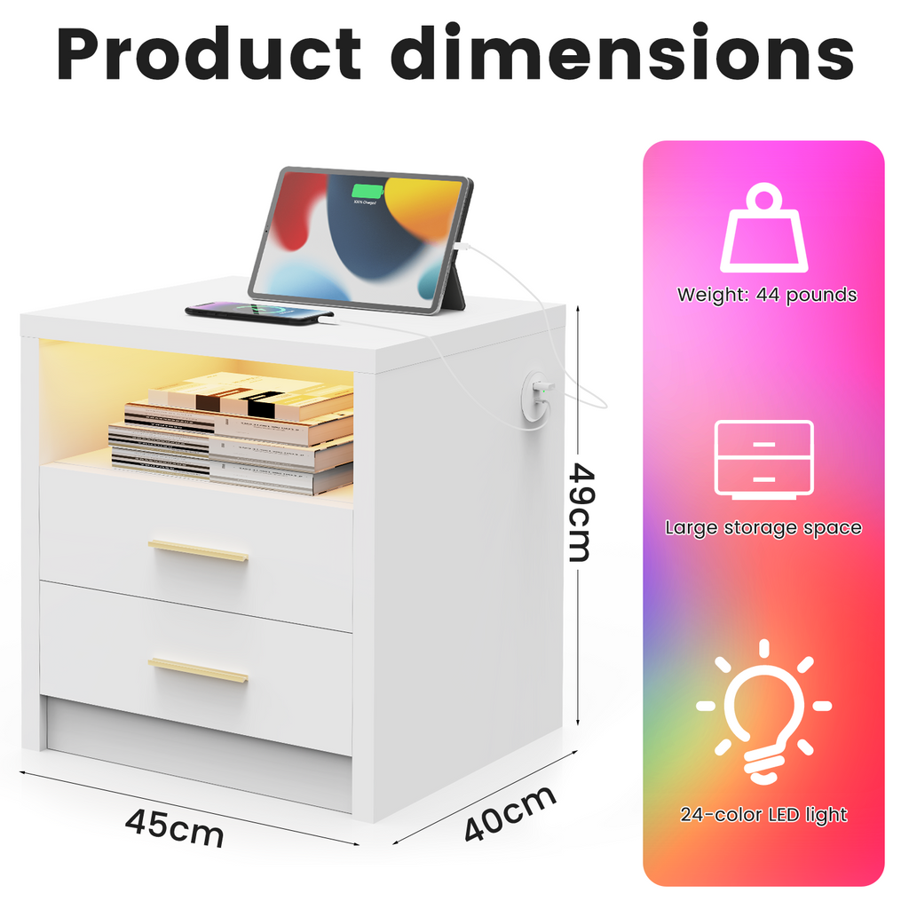 2/3 Drawers High Gloss Front Bedside Table Cabinet LED Nightstand With Charging