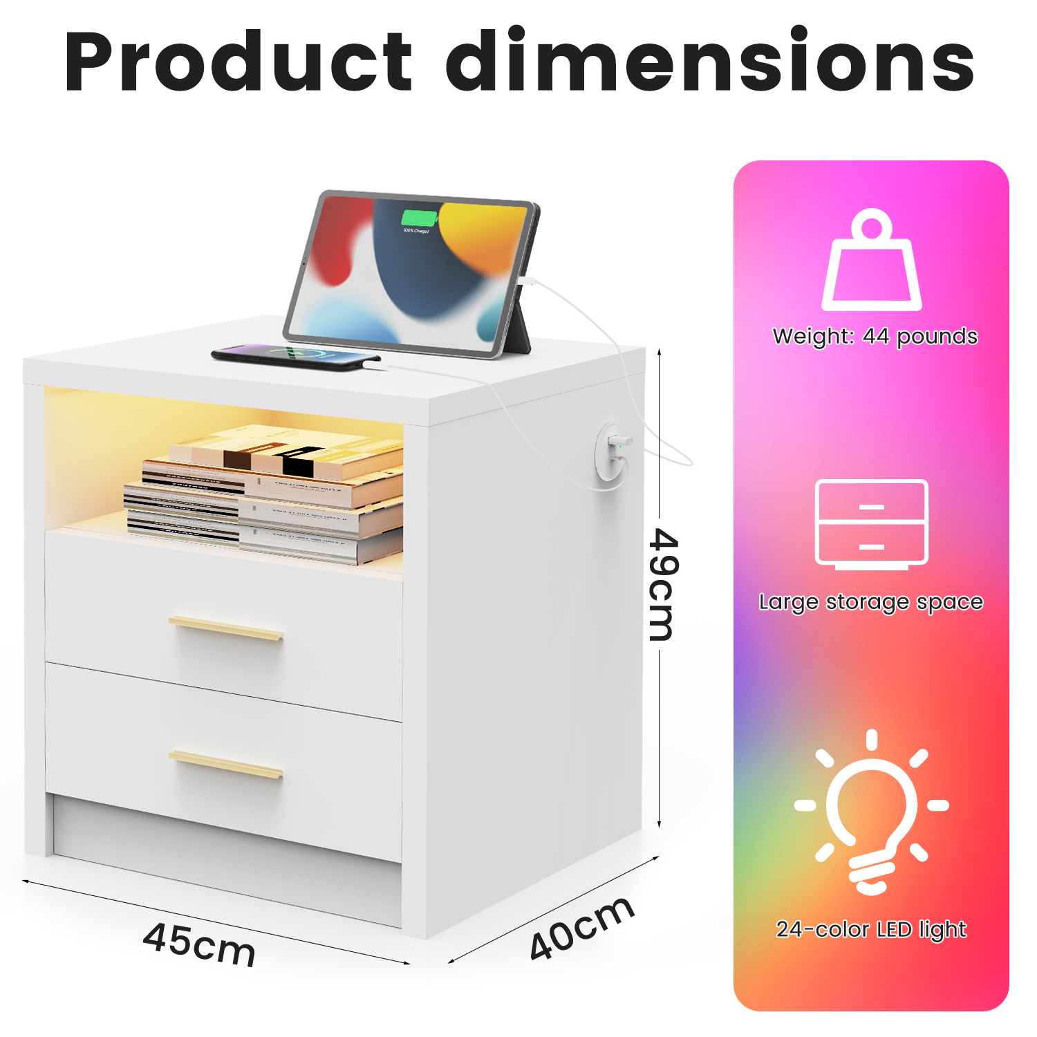 2/3 Drawers High Gloss Front Bedside Table Cabinet LED Nightstand With Charging