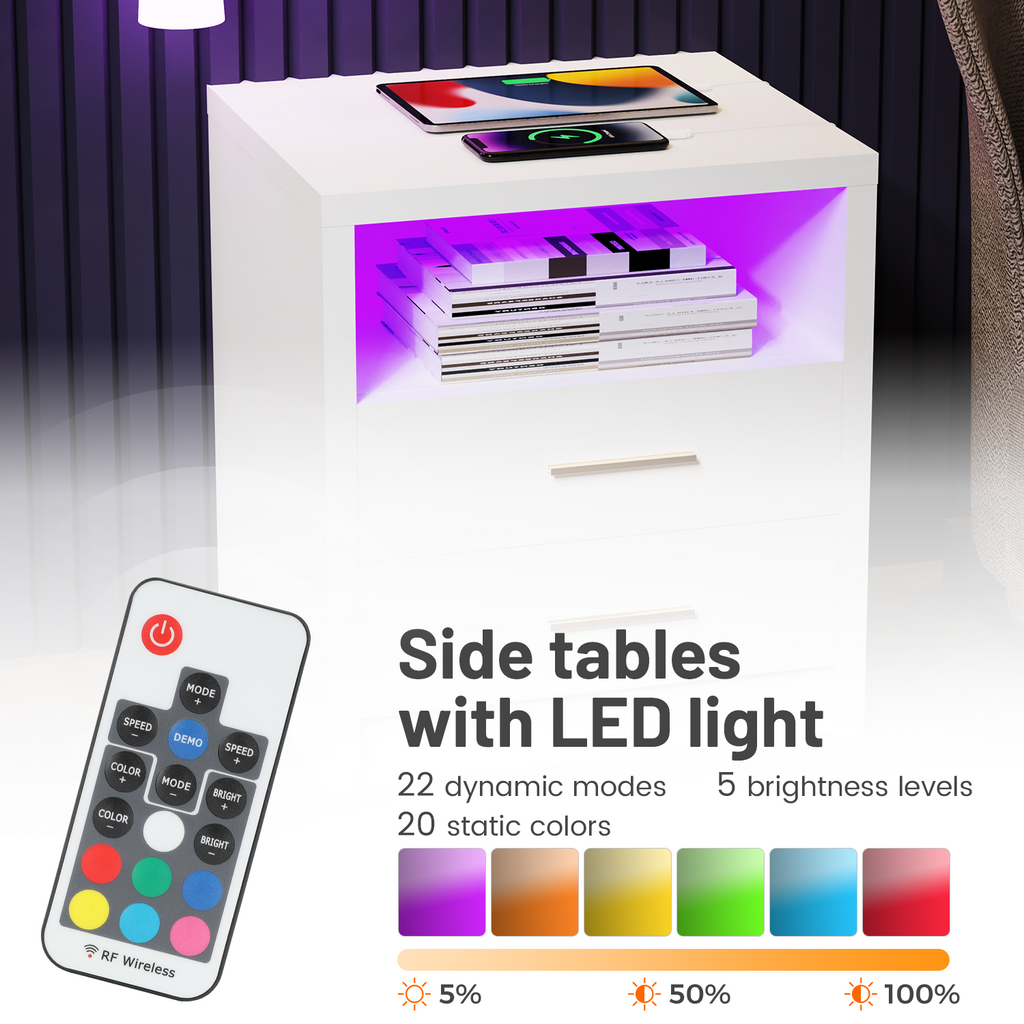 2/3 Drawers High Gloss Front Bedside Table Cabinet LED Nightstand With Charging