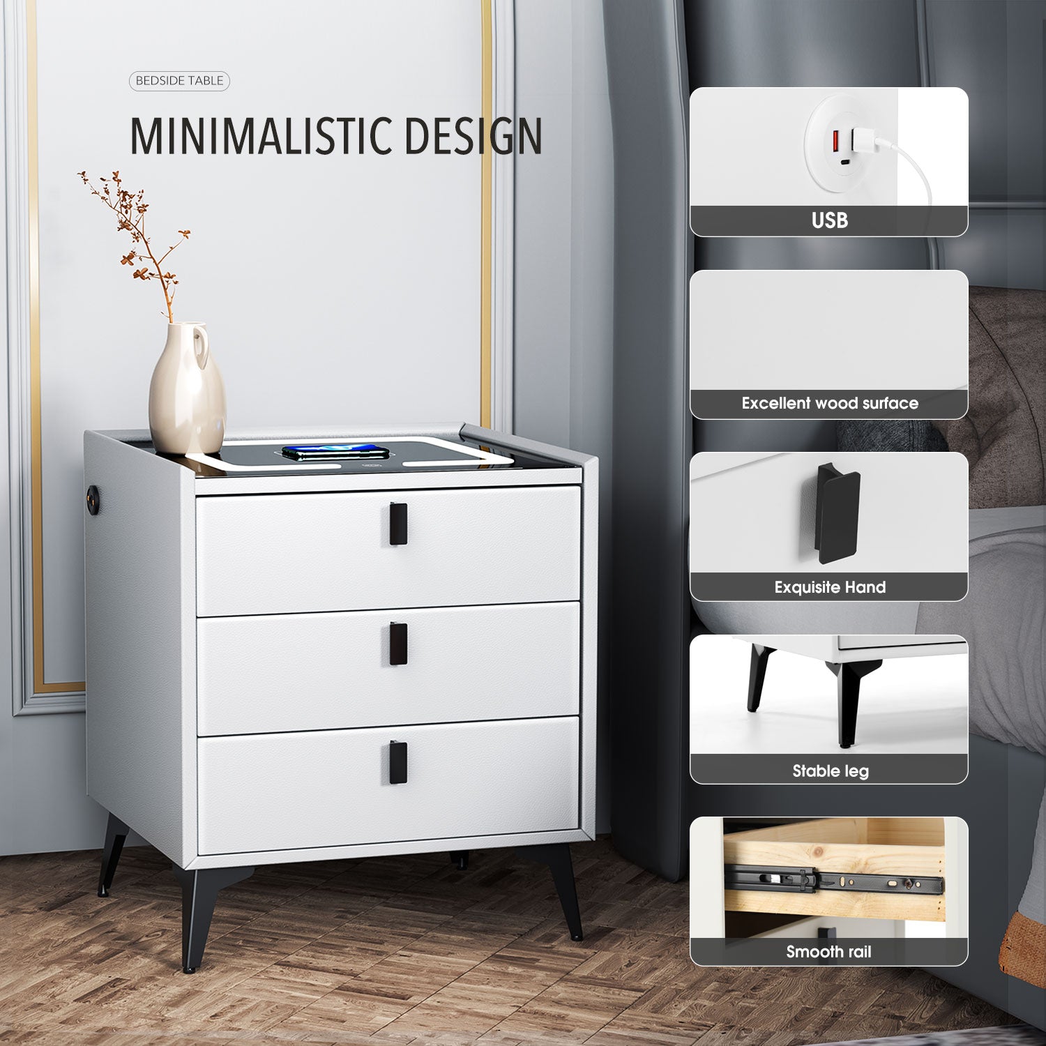 Smart Bedside Table with Light Phone Charging Modern Bedroom Furniture Drawers