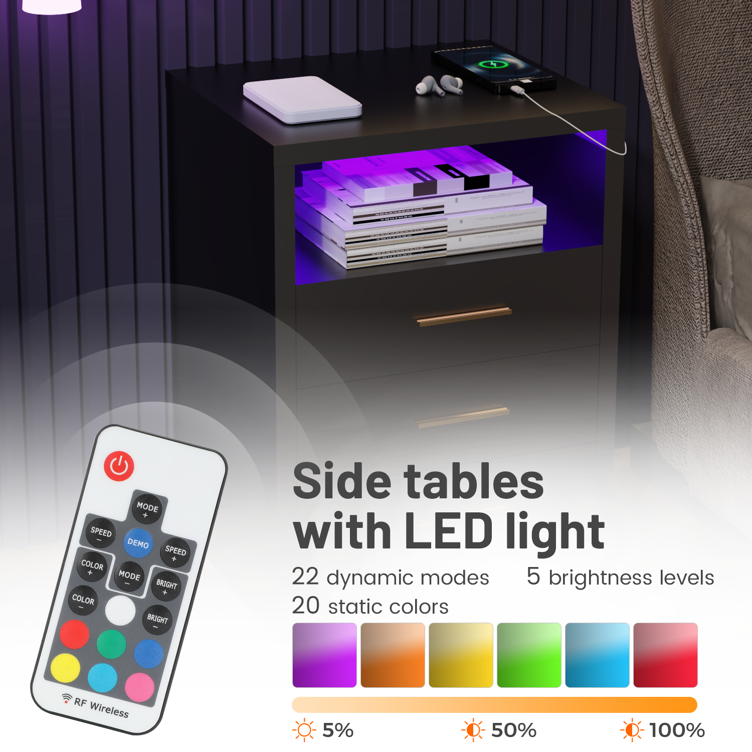 2/3 Drawers High Gloss Front Bedside Table Cabinet LED Nightstand With Charging