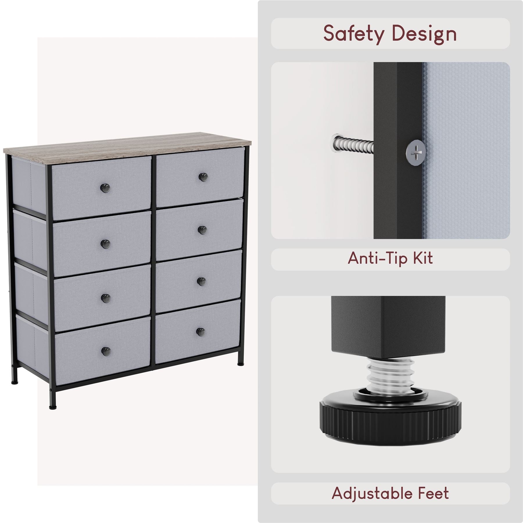 Modern Fabric Chest of Drawers Storage 'UKFR' Beige & Grey Bedroom Furniture