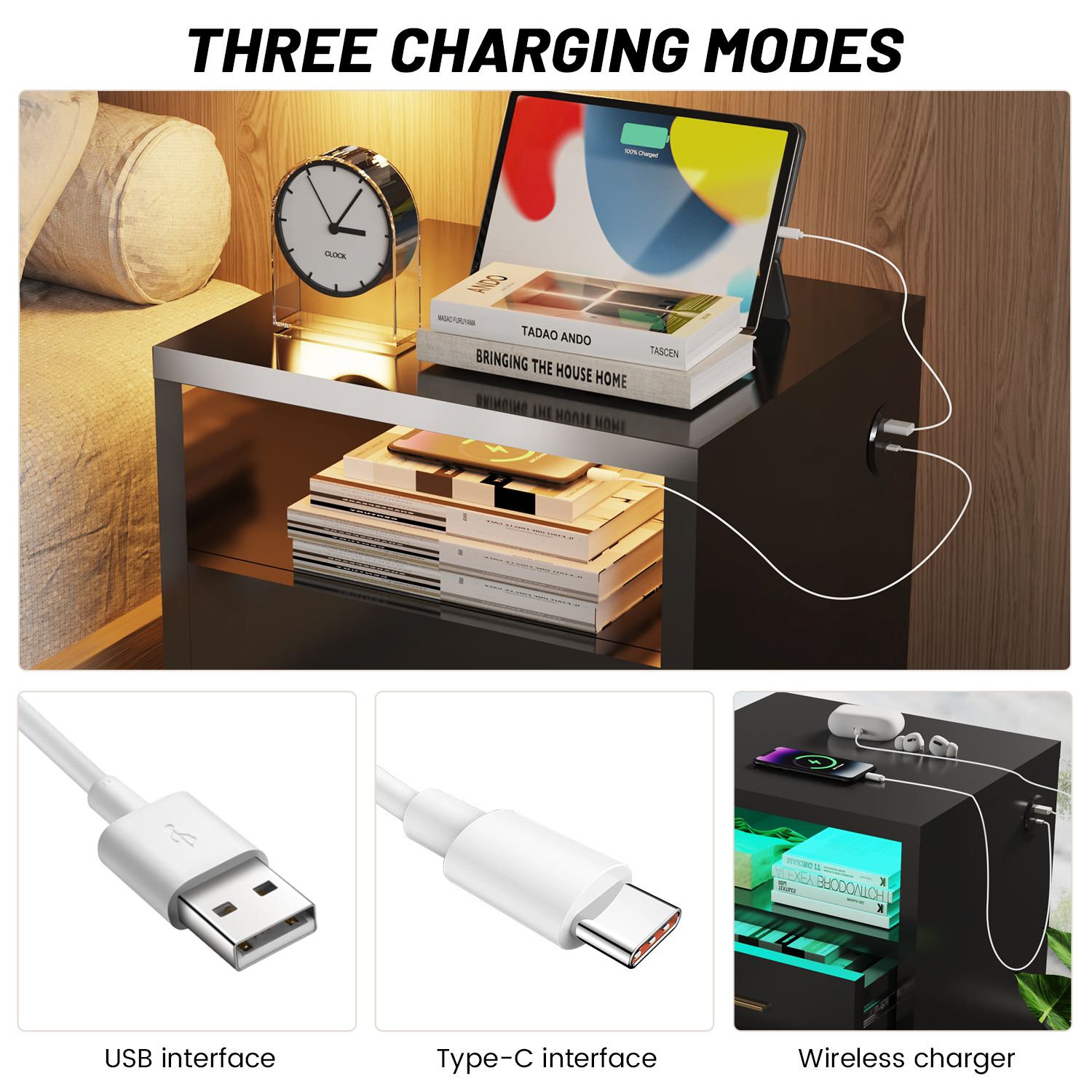 2/3 Drawers High Gloss Front Bedside Table Cabinet LED Nightstand With Charging