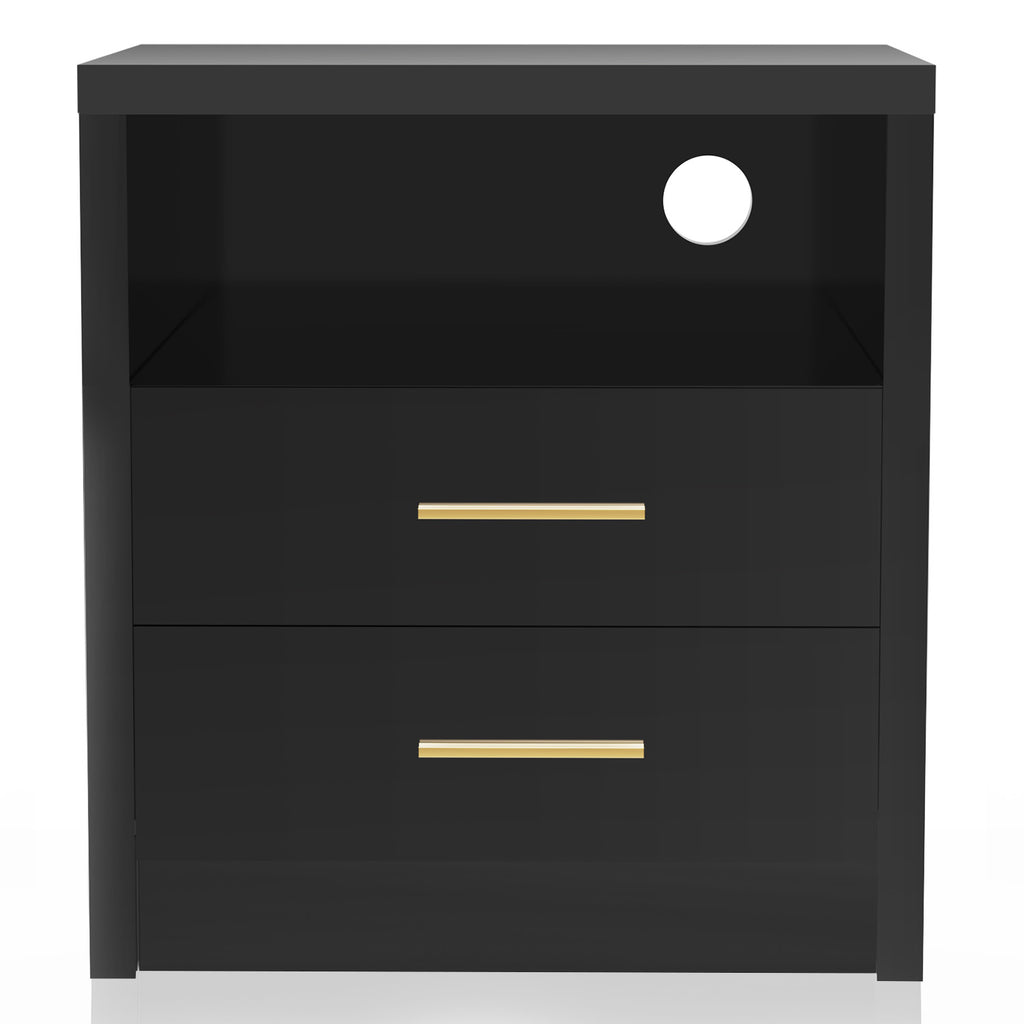 2/3 Drawers High Gloss Front Bedside Table Cabinet LED Nightstand With Charging
