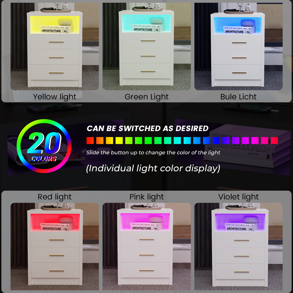 2/3 Drawers High Gloss Front Bedside Table Cabinet LED Nightstand With Charging