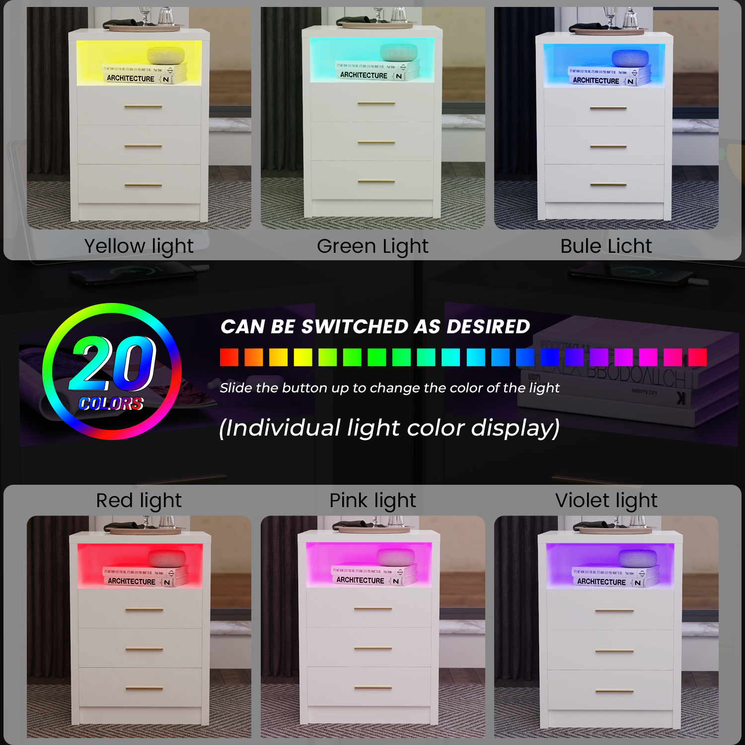 2/3 Drawers High Gloss Front Bedside Table Cabinet LED Nightstand With Charging