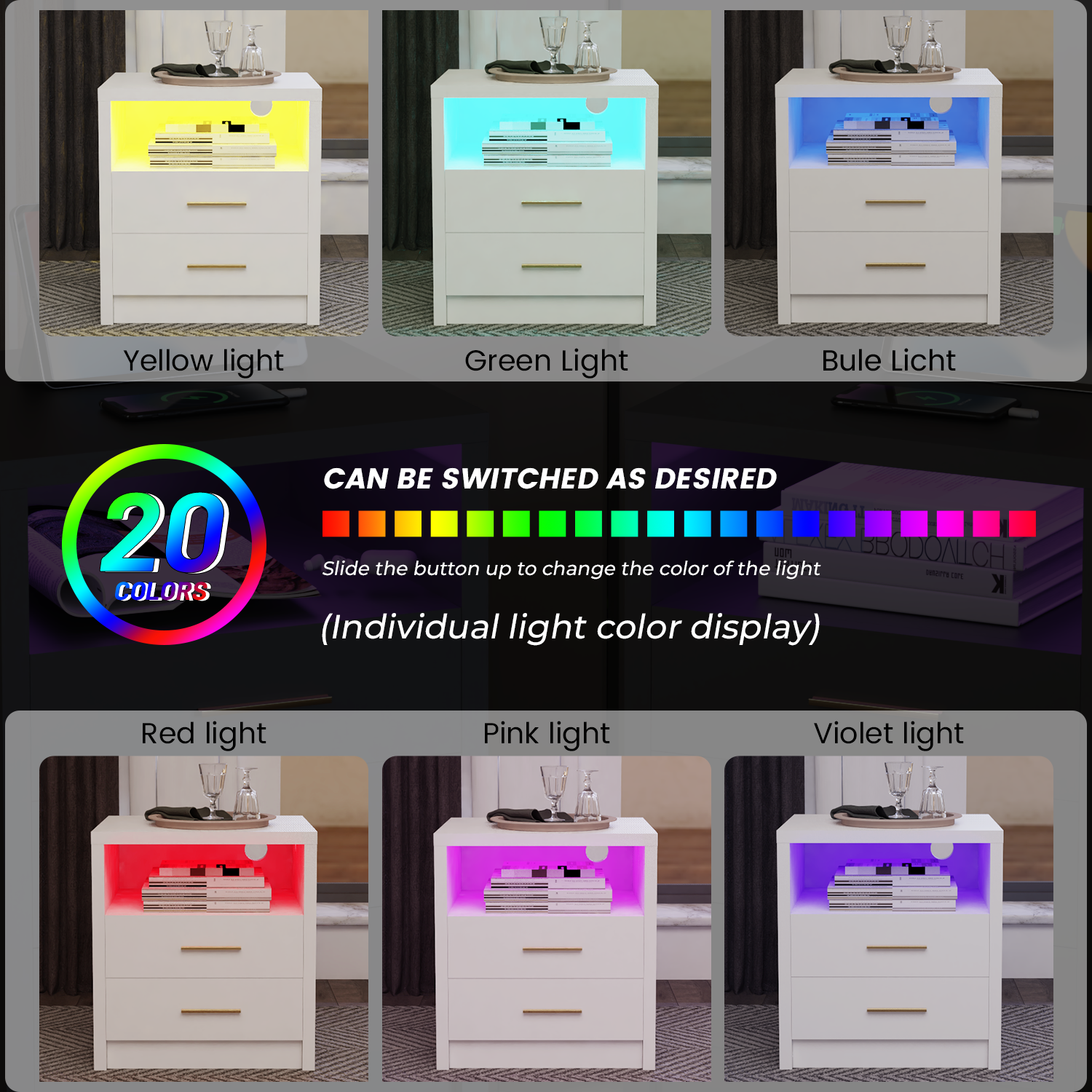 2/3 Drawers High Gloss Front Bedside Table Cabinet LED Nightstand With Charging