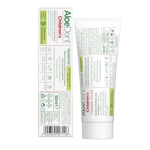 Aloe Dent Children's Aloe Vera Toothpaste Fluoride Free, Natural Action, Vegan, Cruelty Free , SLS Free, Strawberry Flavour, Healthy Gums, 50 ml