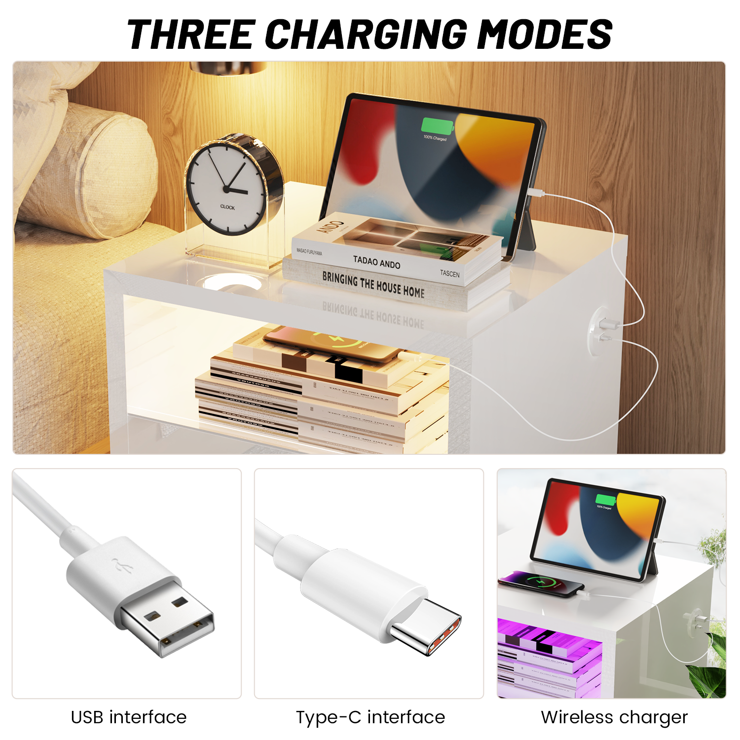 2/3 Drawers High Gloss Front Bedside Table Cabinet LED Nightstand With Charging