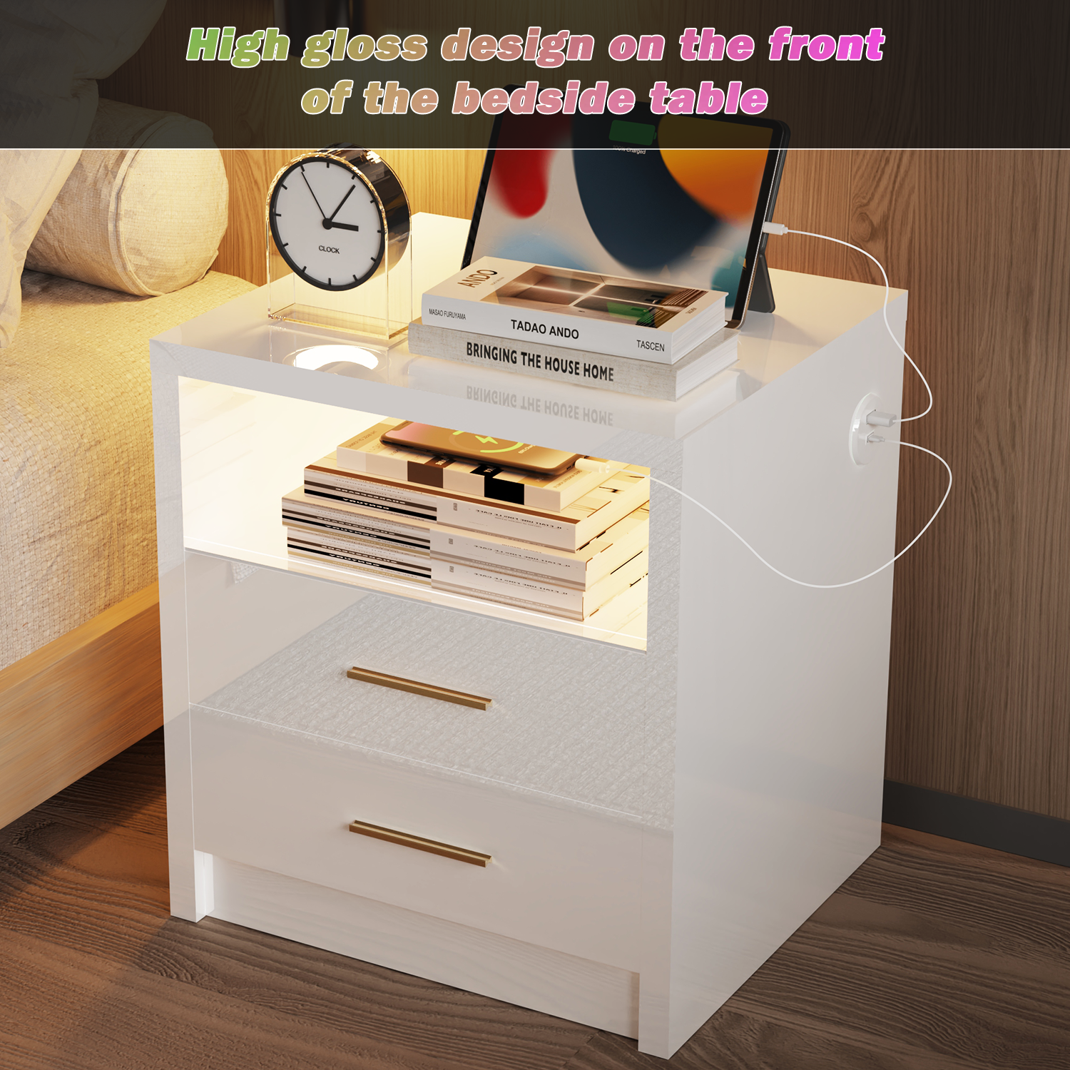 2/3 Drawers High Gloss Front Bedside Table Cabinet LED Nightstand With Charging