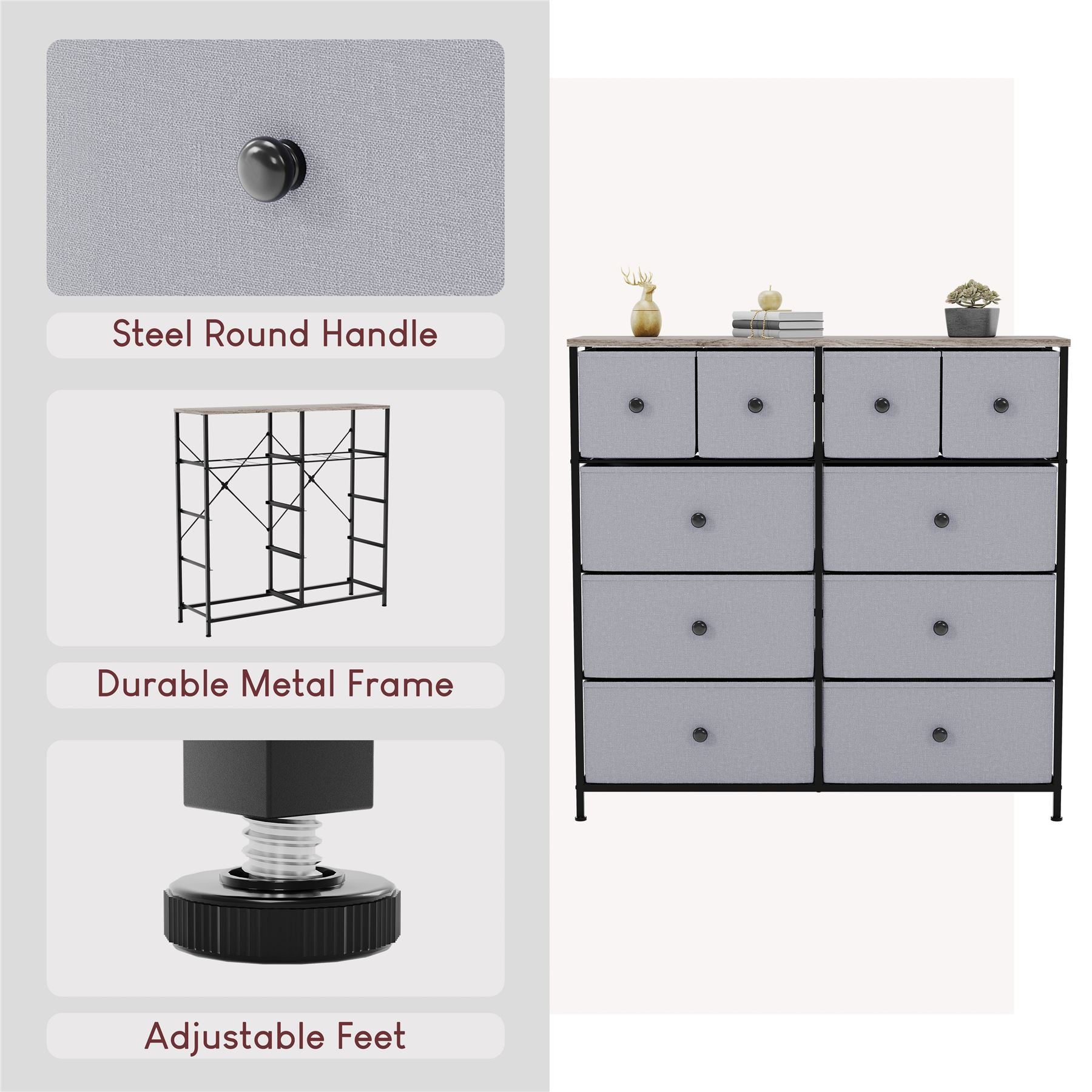 Modern Fabric Chest of Drawers Storage 'UKFR' Beige & Grey Bedroom Furniture