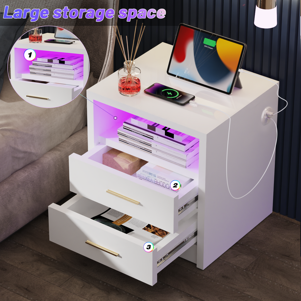 2/3 Drawers High Gloss Front Bedside Table Cabinet LED Nightstand With Charging