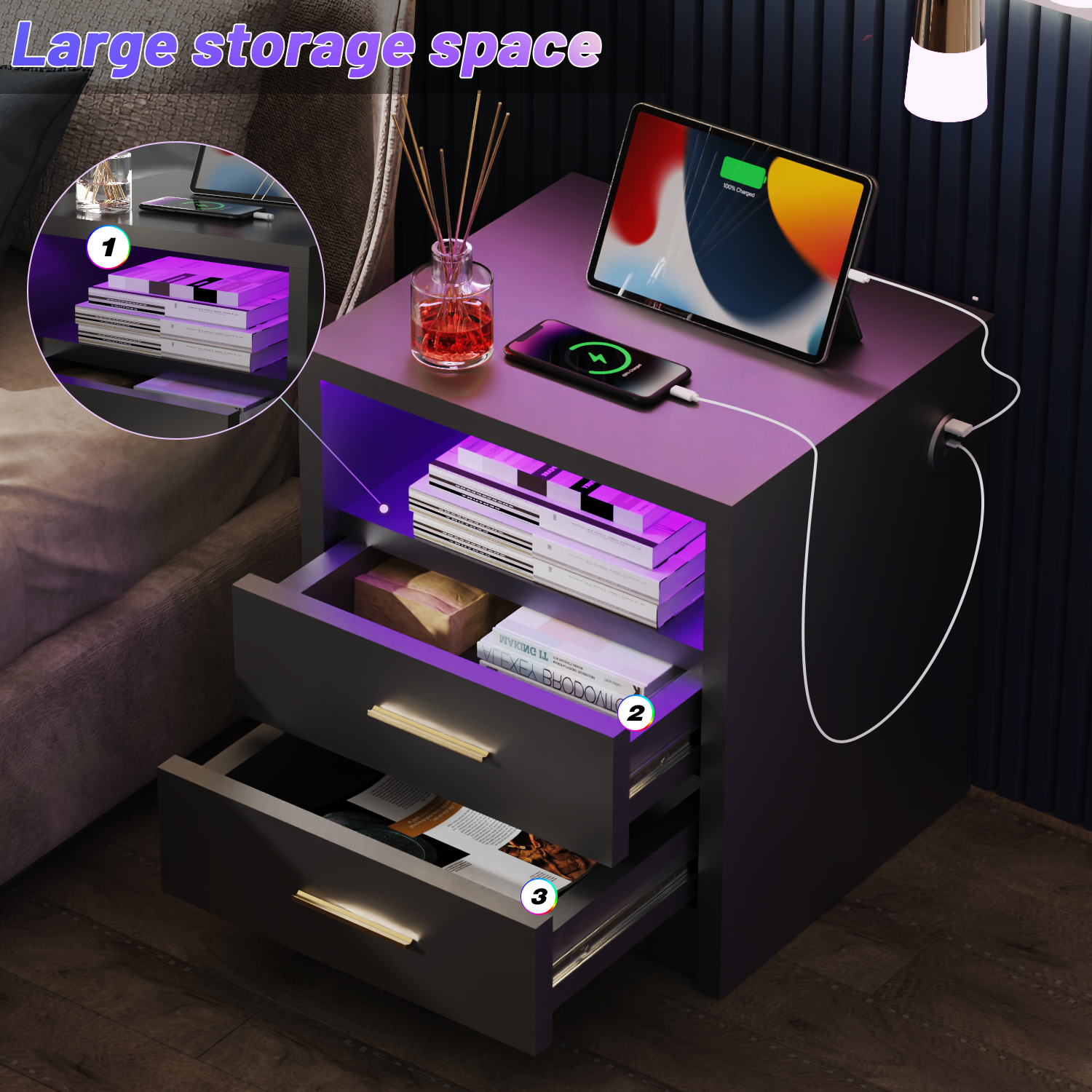 2/3 Drawers High Gloss Front Bedside Table Cabinet LED Nightstand With Charging