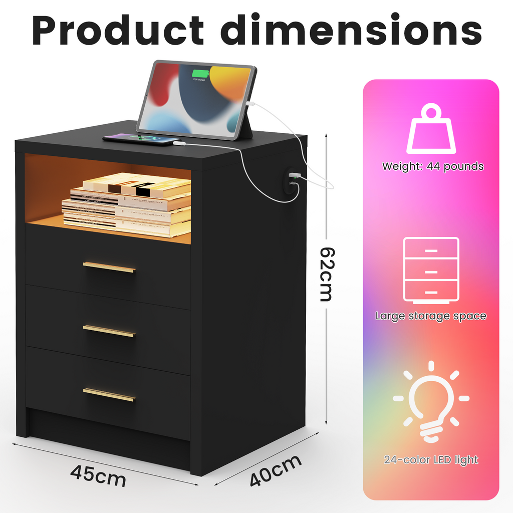 2/3 Drawers High Gloss Front Bedside Table Cabinet LED Nightstand With Charging