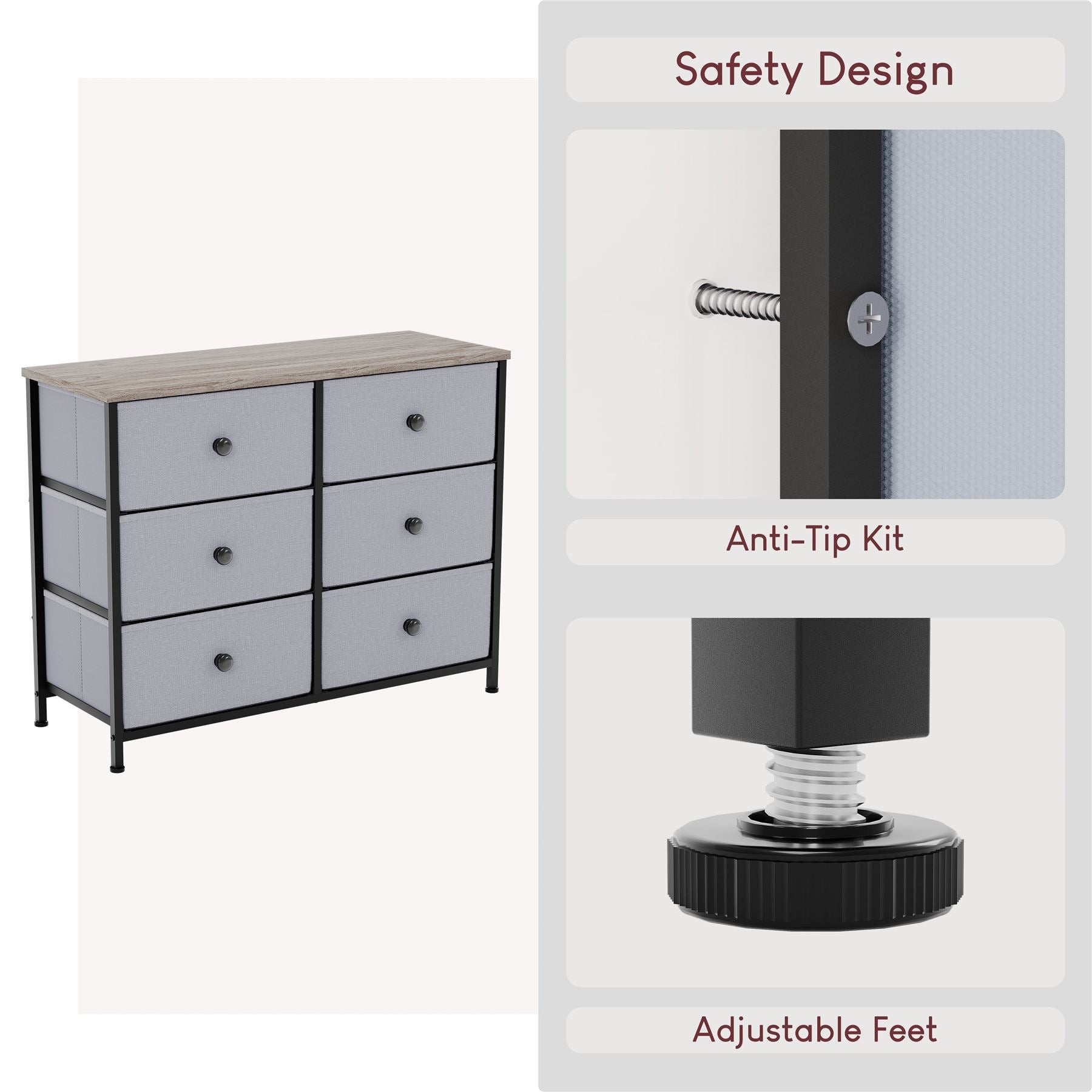 Modern Fabric Chest of Drawers Storage 'UKFR' Beige & Grey Bedroom Furniture