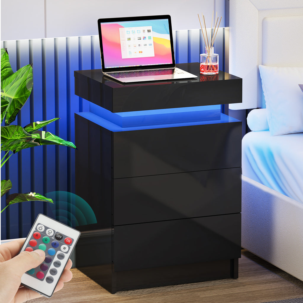 High Gloss 2/3 Drawer Bedside Table Cabinet LED RGB Light Storage Nightstand