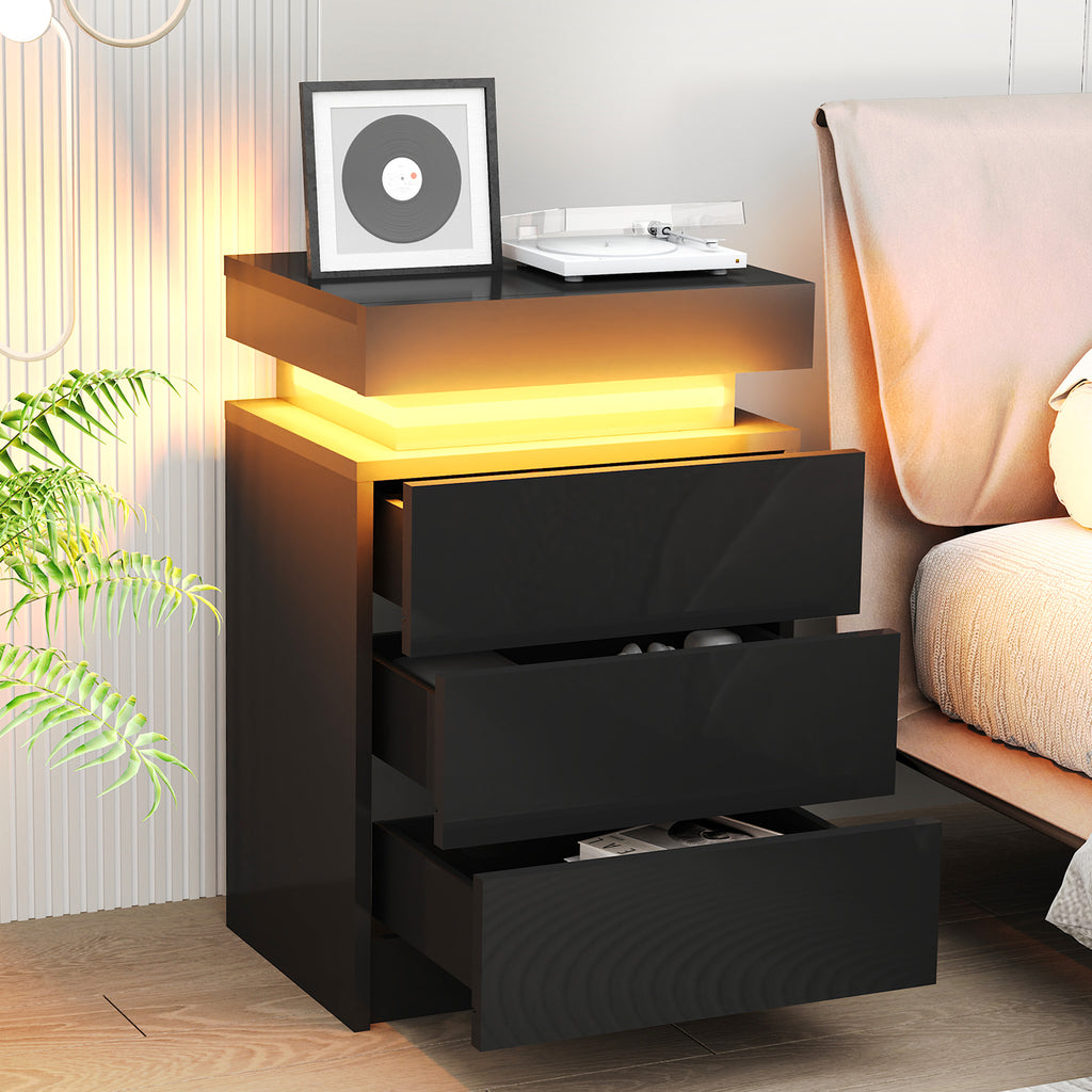High Gloss 2/3 Drawer Bedside Table Cabinet LED RGB Light Storage Nightstand