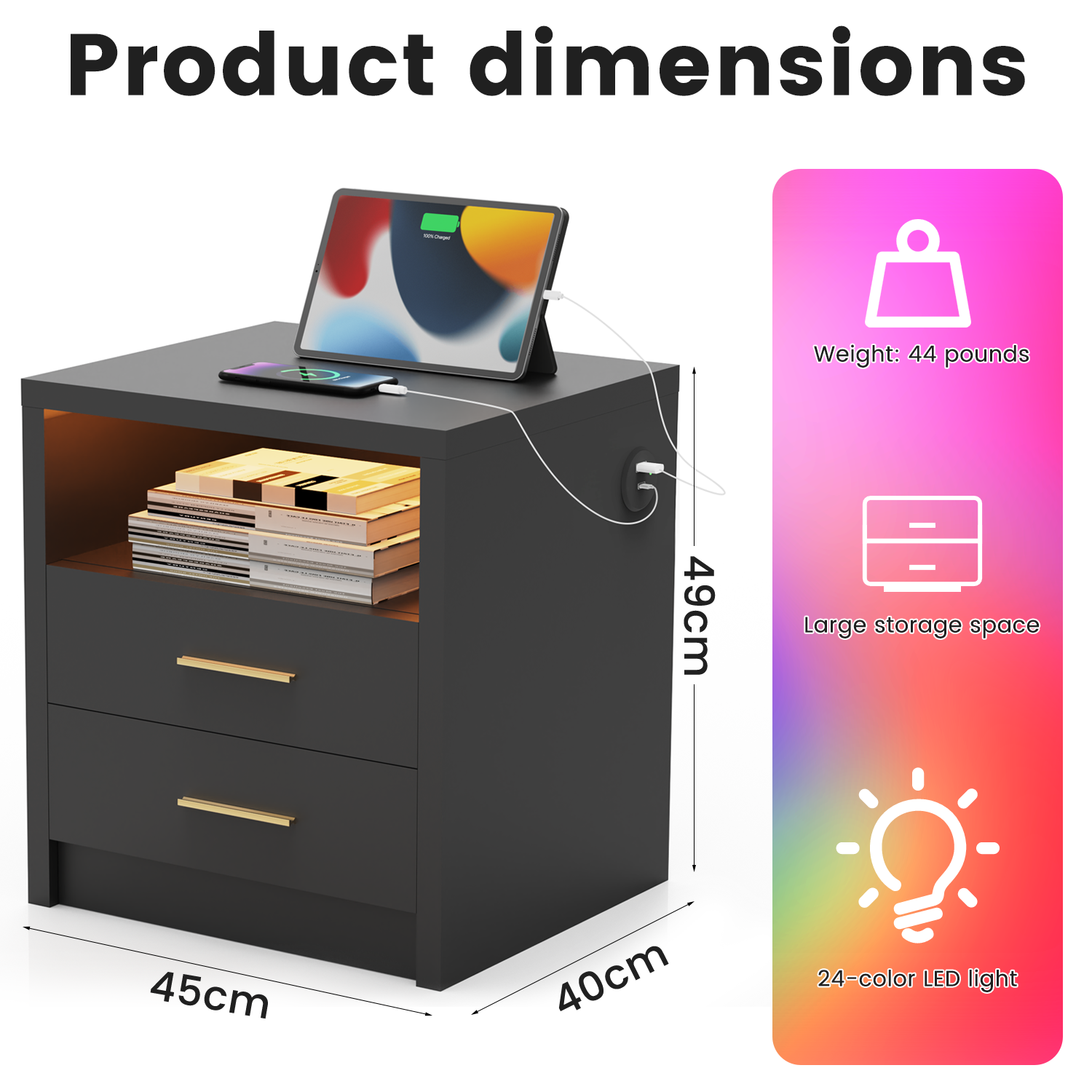 2/3 Drawers High Gloss Front Bedside Table Cabinet LED Nightstand With Charging