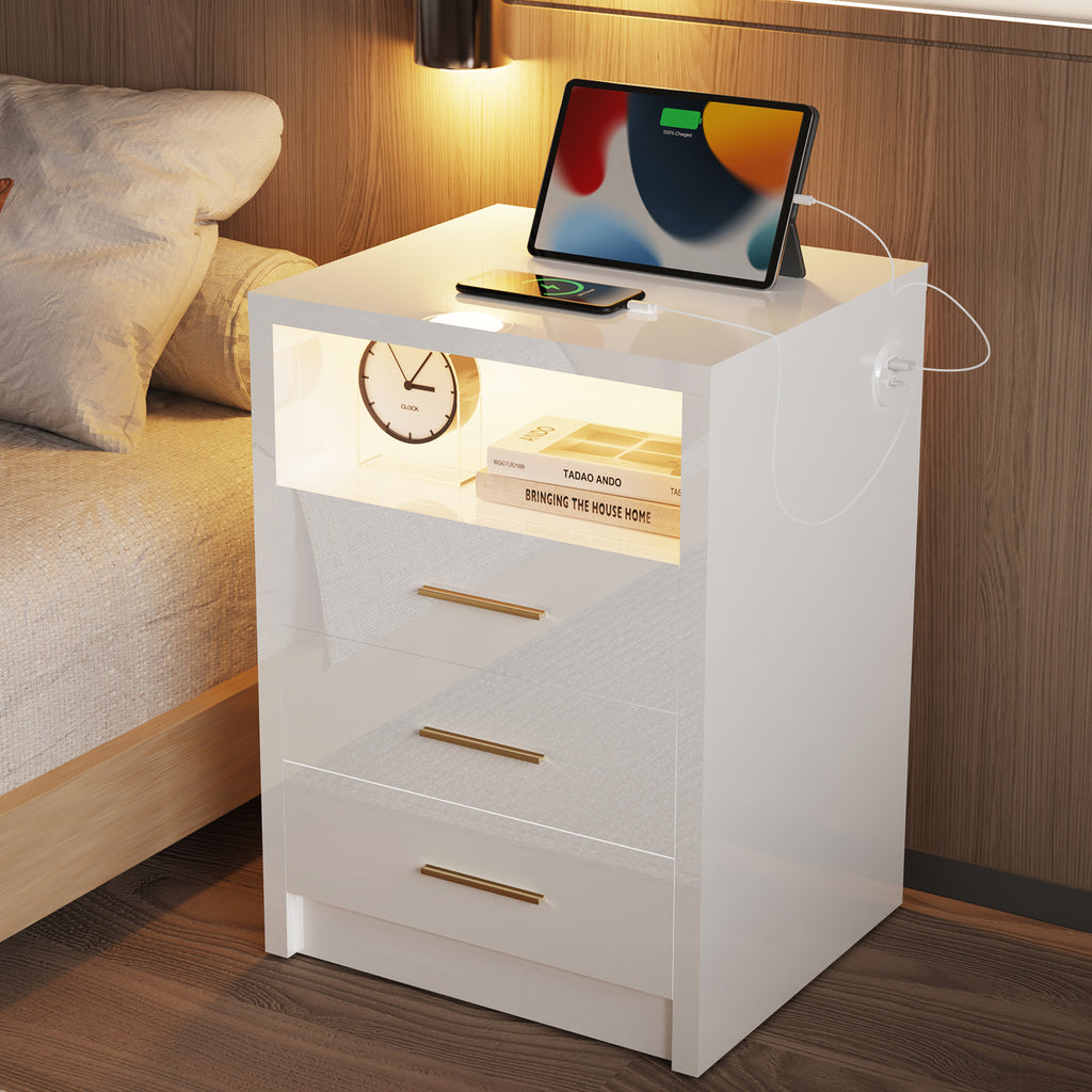 2/3 Drawers High Gloss Front Bedside Table Cabinet LED Nightstand With Charging