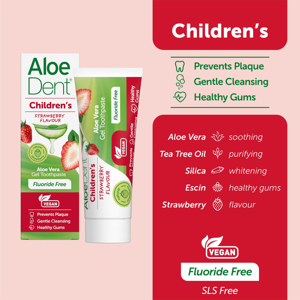 Aloe Dent Children's Aloe Vera Toothpaste Fluoride Free, Natural Action, Vegan, Cruelty Free , SLS Free, Strawberry Flavour, Healthy Gums, 50 ml