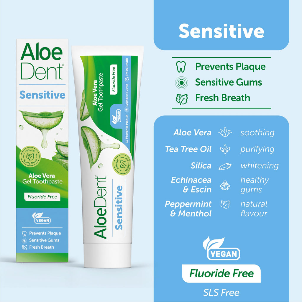 Aloe Dent Sensitive Aloe Vera Toothpaste Fluoride Free, Natural Action, Vegan, Cruelty Free , Soothing, Healthy Gums , 100 ml, packaging may vary