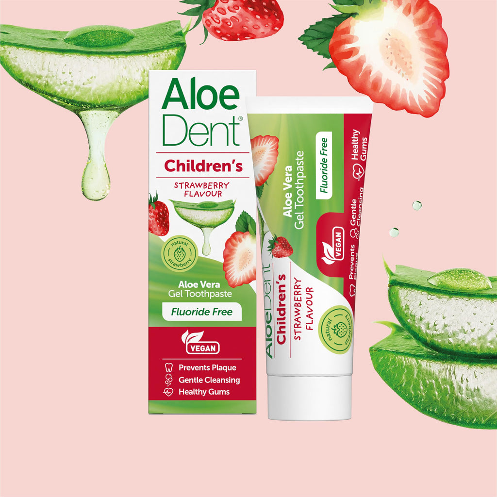 Aloe Dent Children's Aloe Vera Toothpaste Fluoride Free, Natural Action, Vegan, Cruelty Free , SLS Free, Strawberry Flavour, Healthy Gums, 50 ml