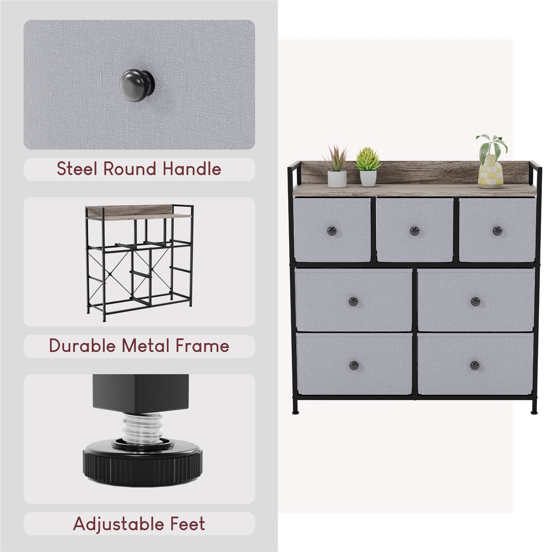 Modern Fabric Chest of Drawers Storage 'UKFR' Beige & Grey Bedroom Furniture