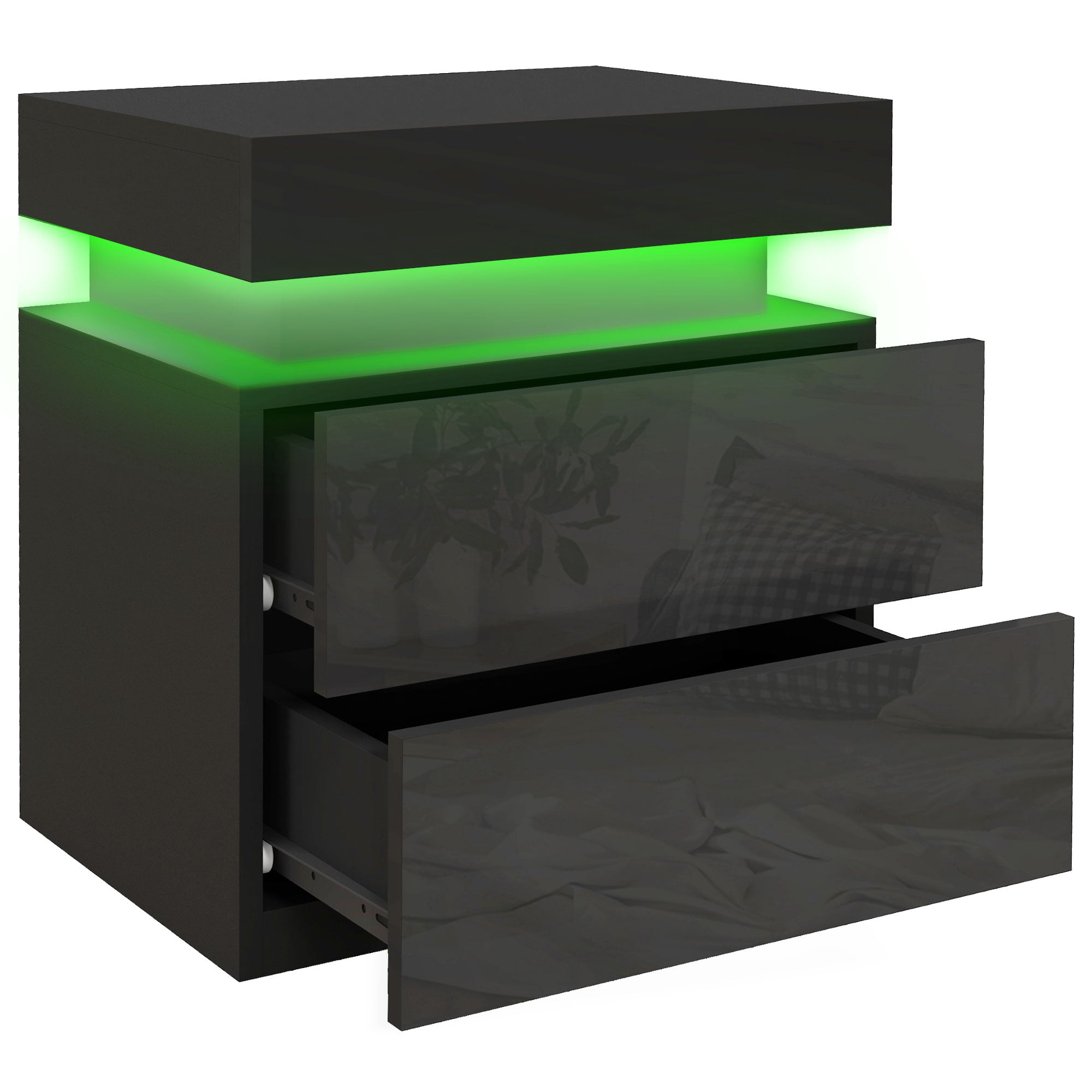 Bedside Table, High Gloss Front Bedside Cabinet w/ LED Light, 2 Drawers