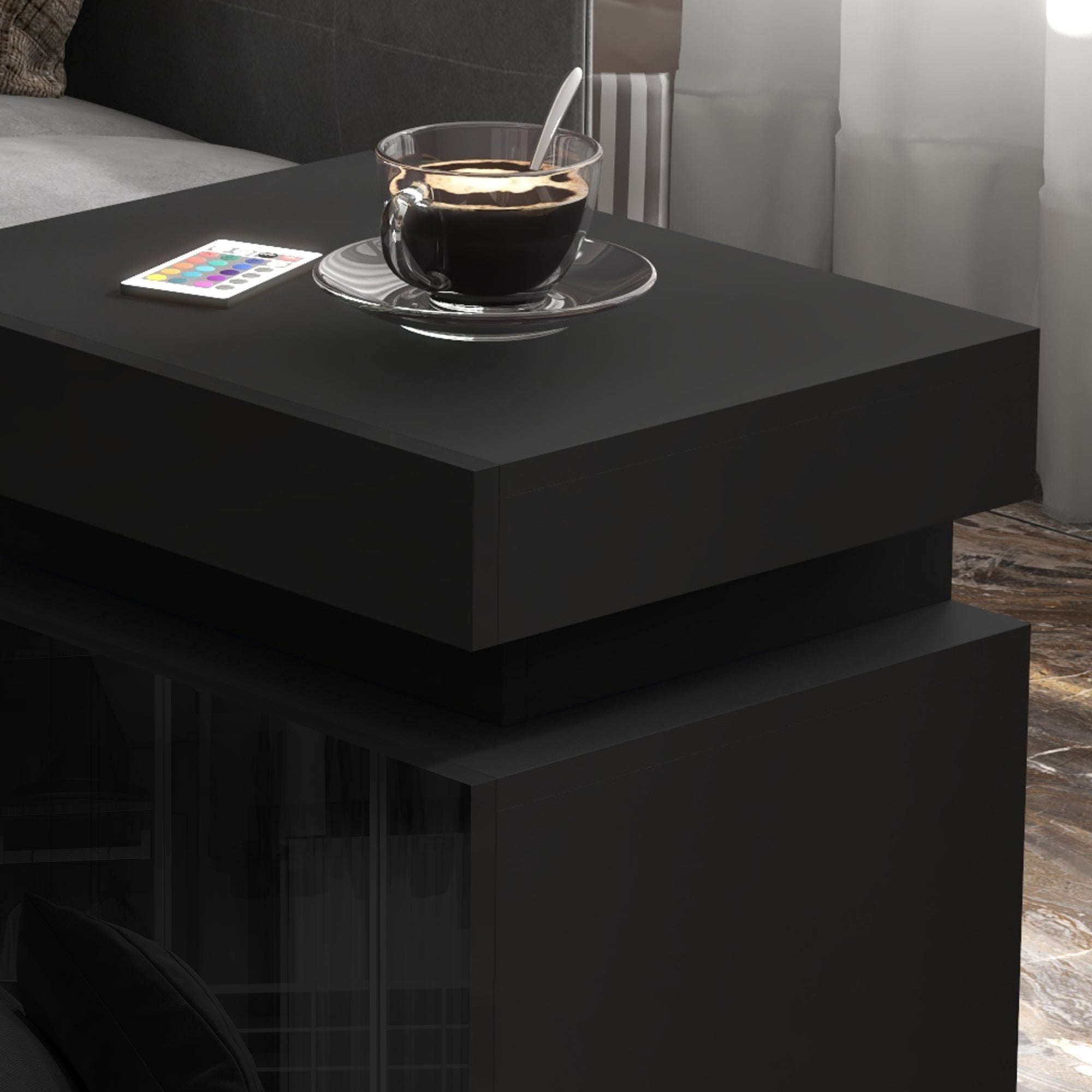 Bedside Table, High Gloss Front Bedside Cabinet w/ LED Light, 2 Drawers
