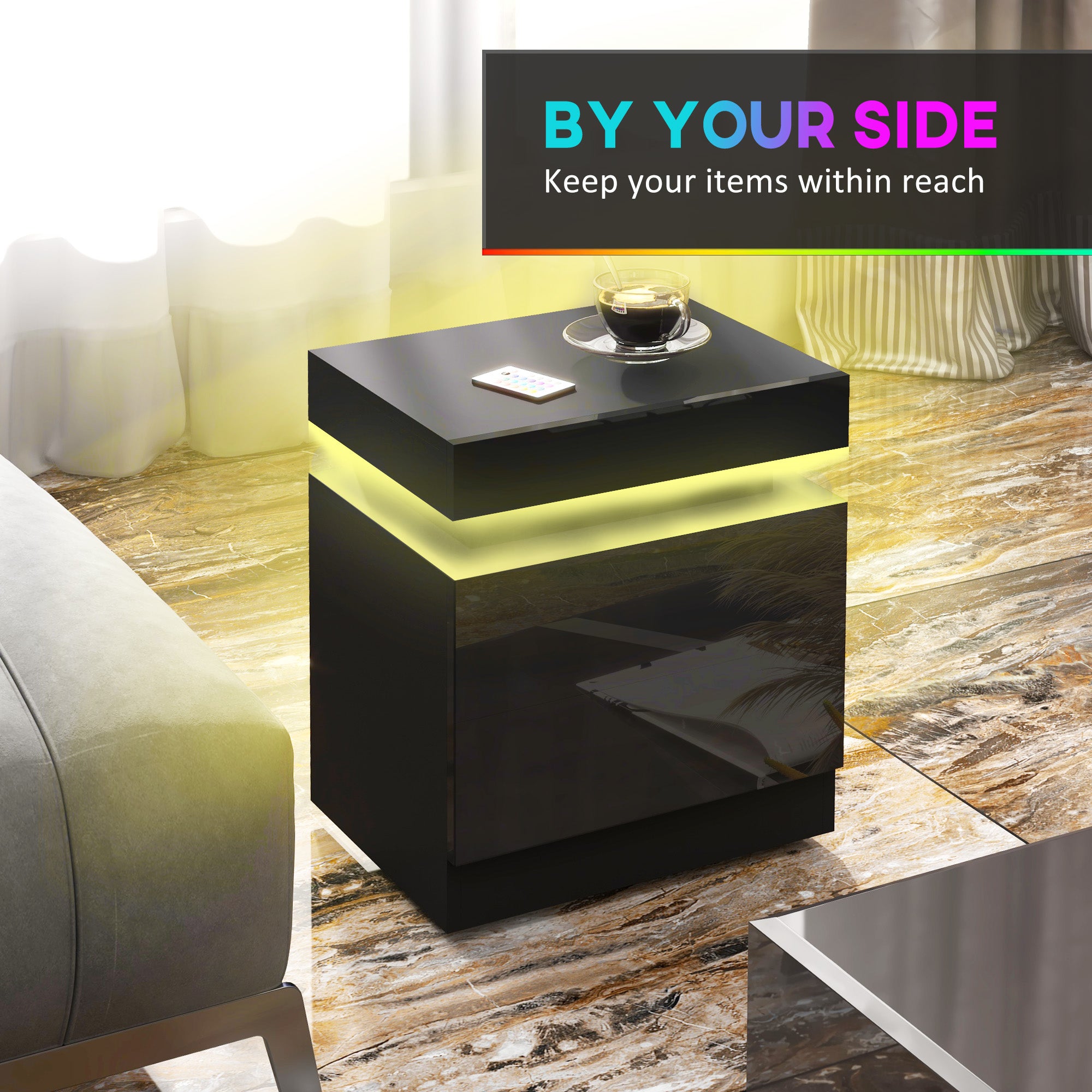 Bedside Table, High Gloss Front Bedside Cabinet w/ LED Light, 2 Drawers