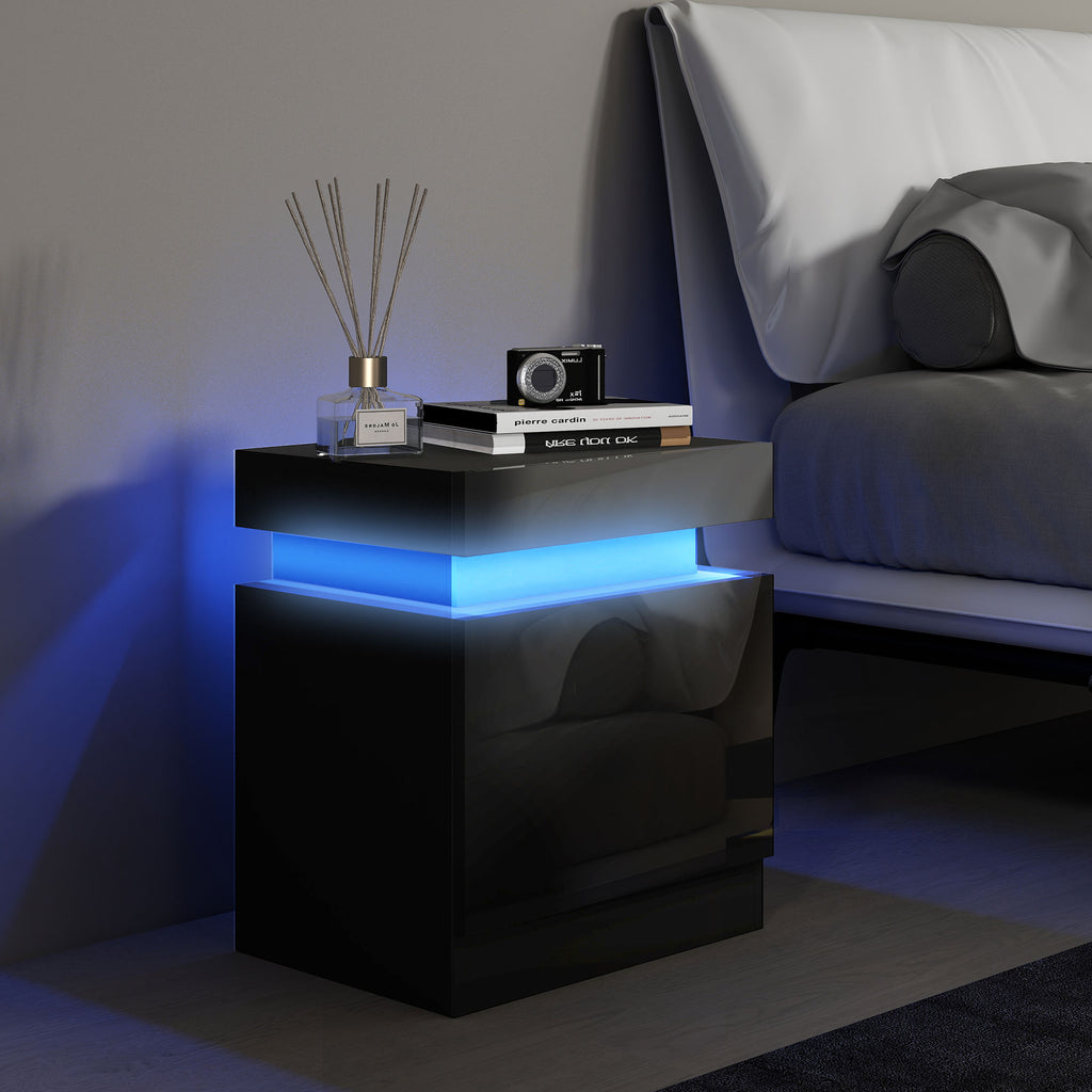 Bedside Table, High Gloss Front Bedside Cabinet w/ LED Light, 2 Drawers