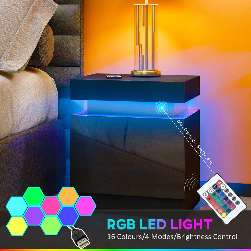 Bedside Table, High Gloss Front Bedside Cabinet w/ LED Light, 2 Drawers