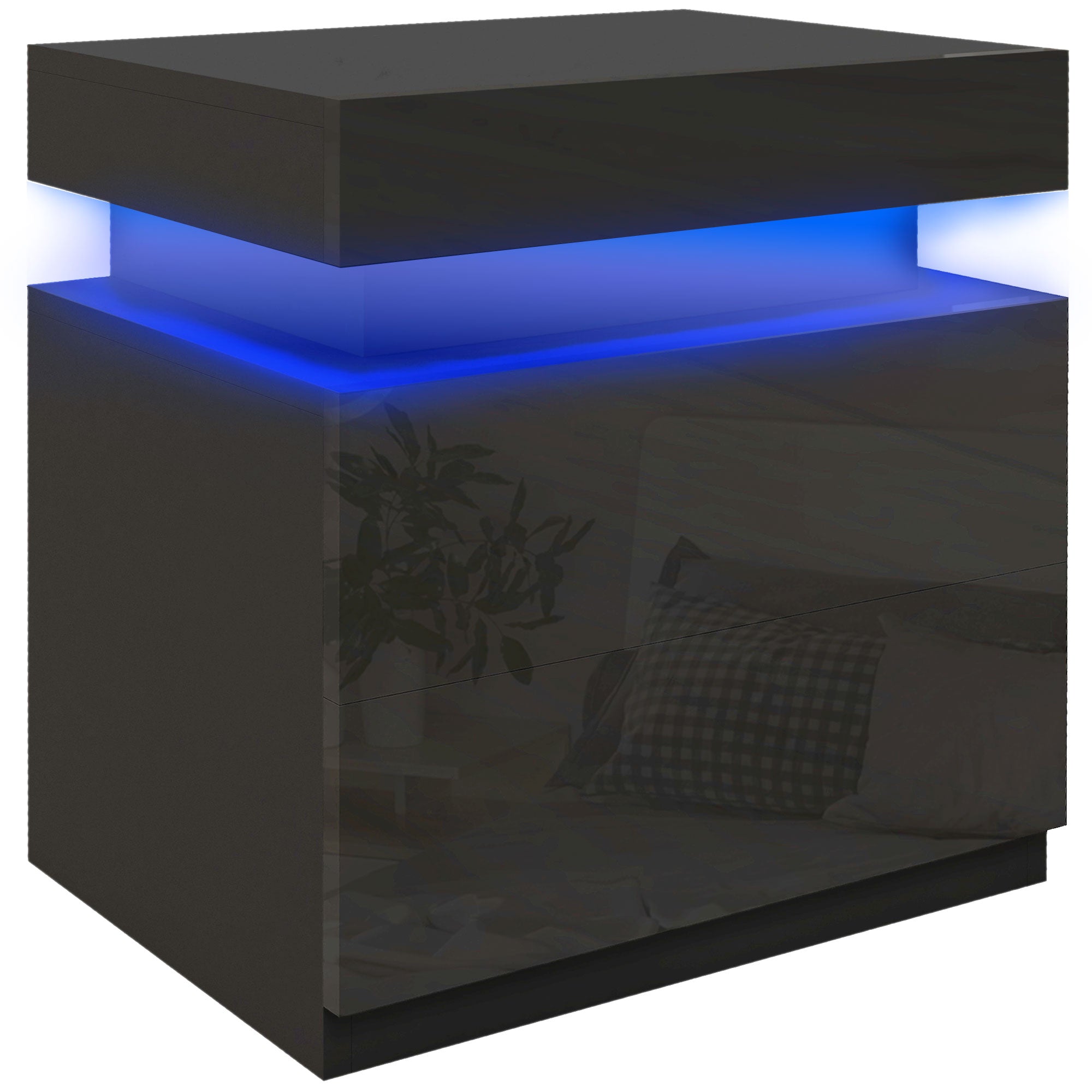 Bedside Table, High Gloss Front Bedside Cabinet w/ LED Light, 2 Drawers
