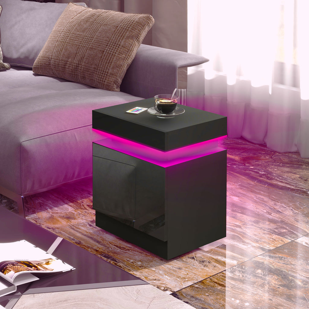 Bedside Table, High Gloss Front Bedside Cabinet w/ LED Light, 2 Drawers