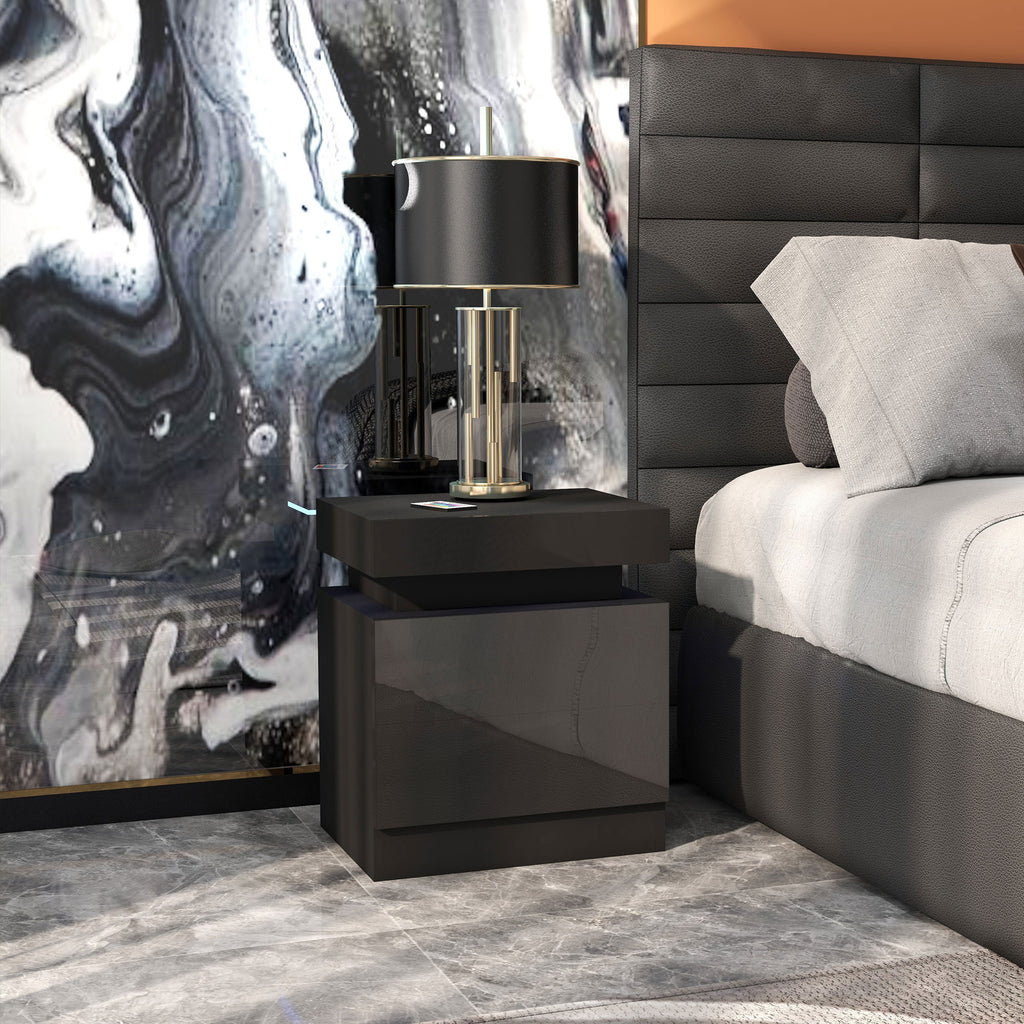 Bedside Table, High Gloss Front Bedside Cabinet w/ LED Light, 2 Drawers