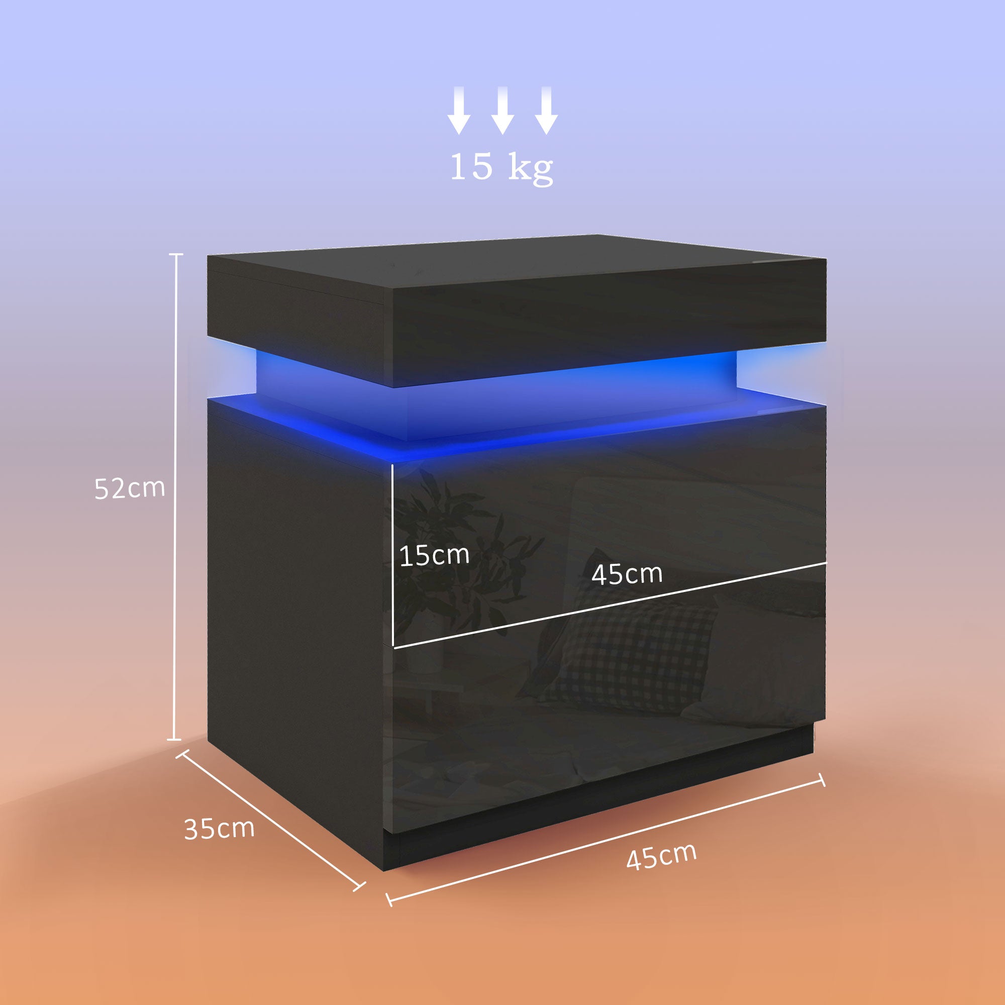 Bedside Table, High Gloss Front Bedside Cabinet w/ LED Light, 2 Drawers