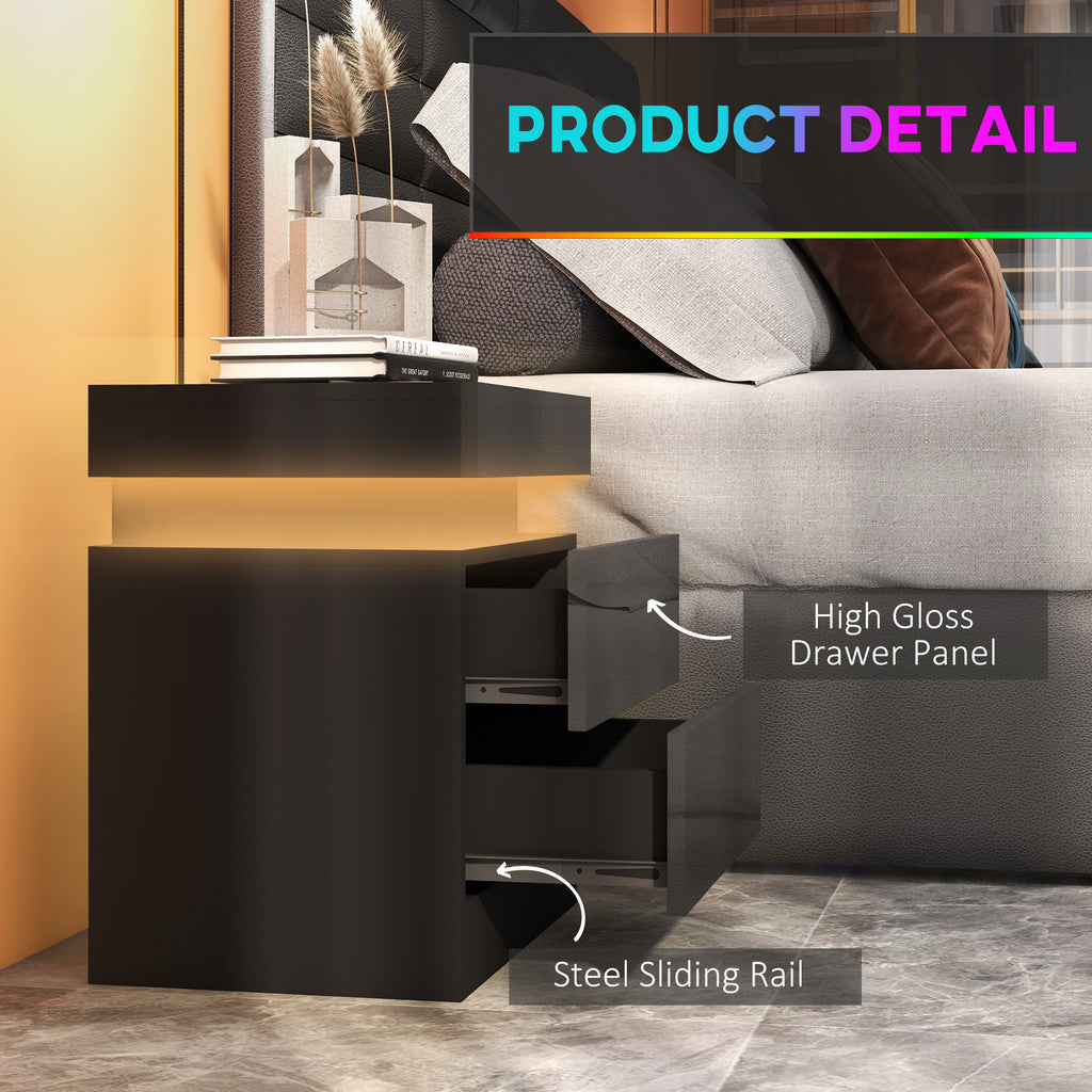 Bedside Table, High Gloss Front Bedside Cabinet w/ LED Light, 2 Drawers