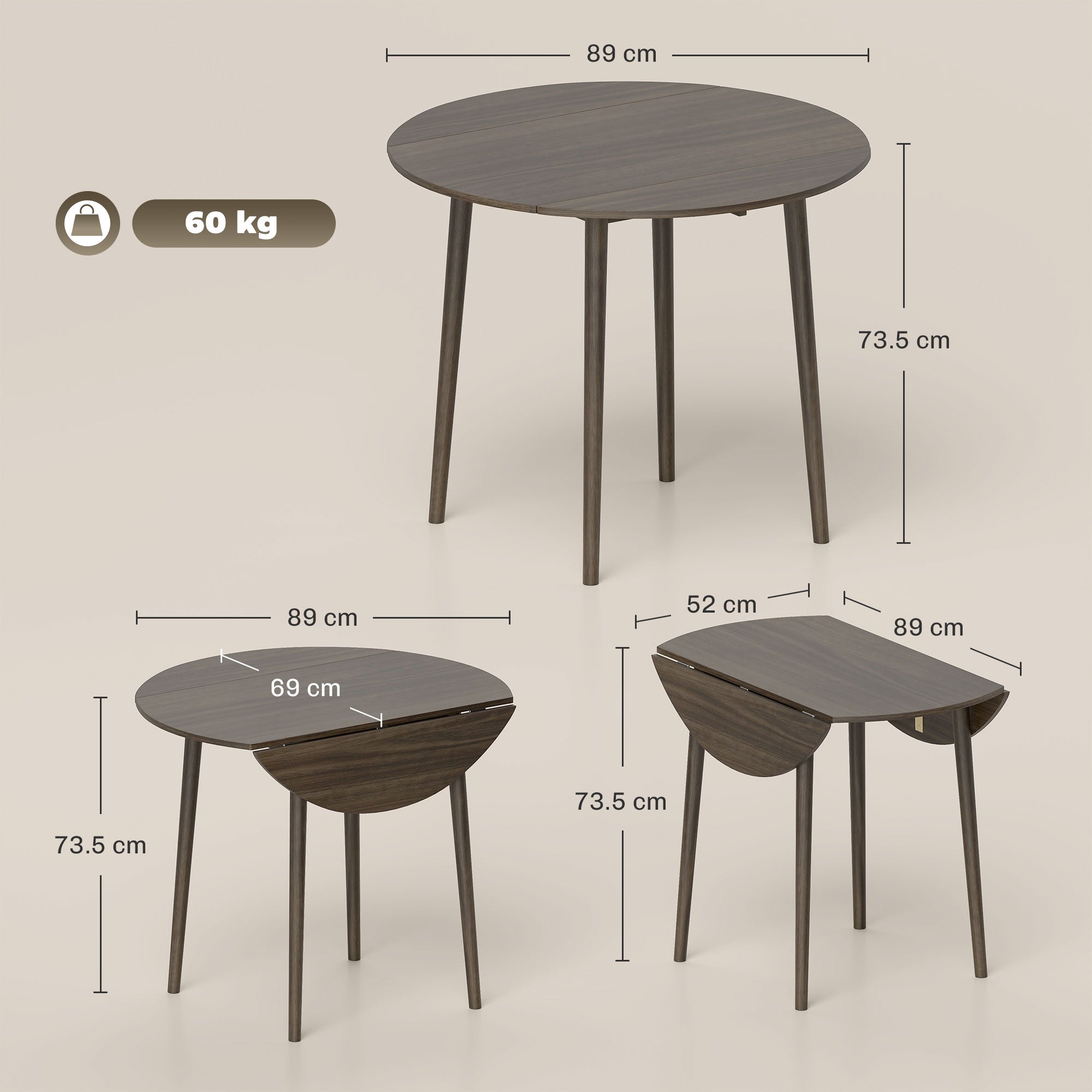 Folding Dining Table, Round Drop Leaf Table for Small Spaces