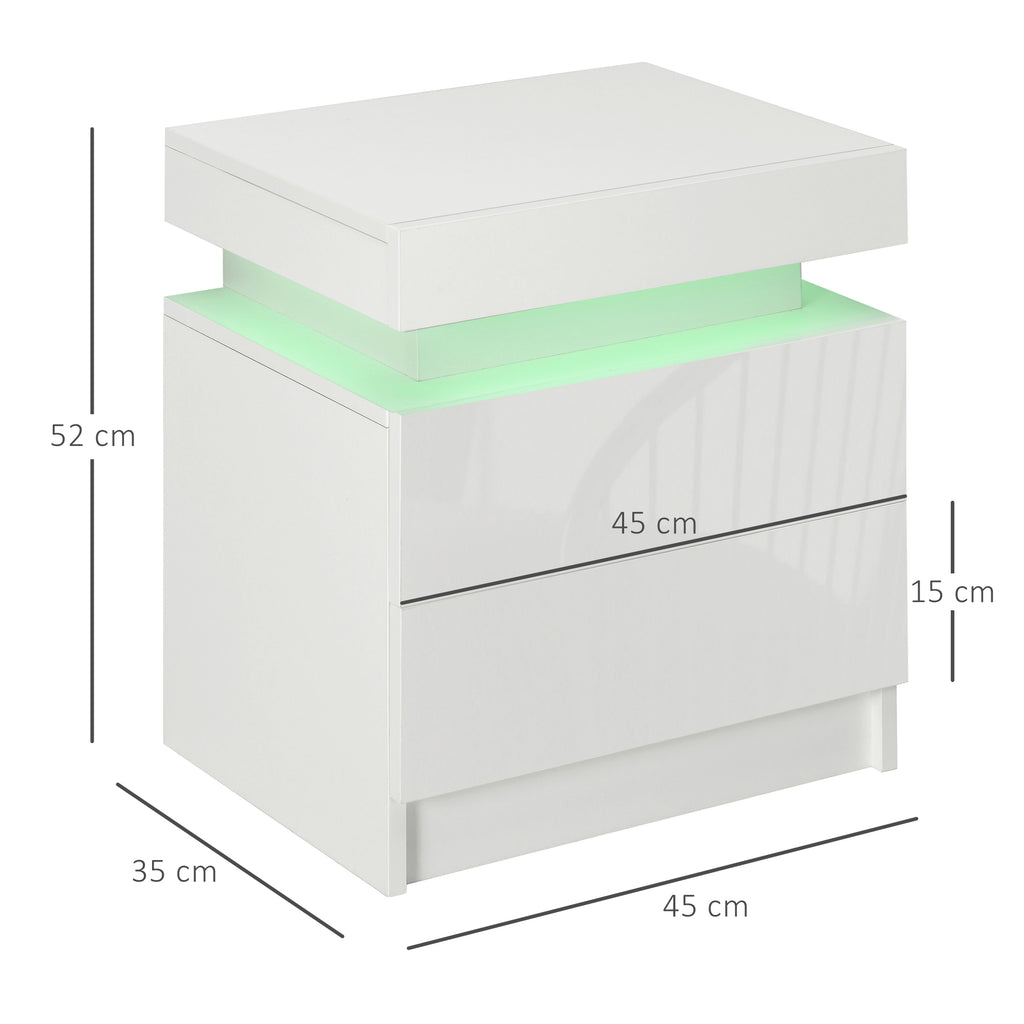 Bedside Table, High Gloss Front Bedside Cabinet w/ LED Light, 2 Drawers