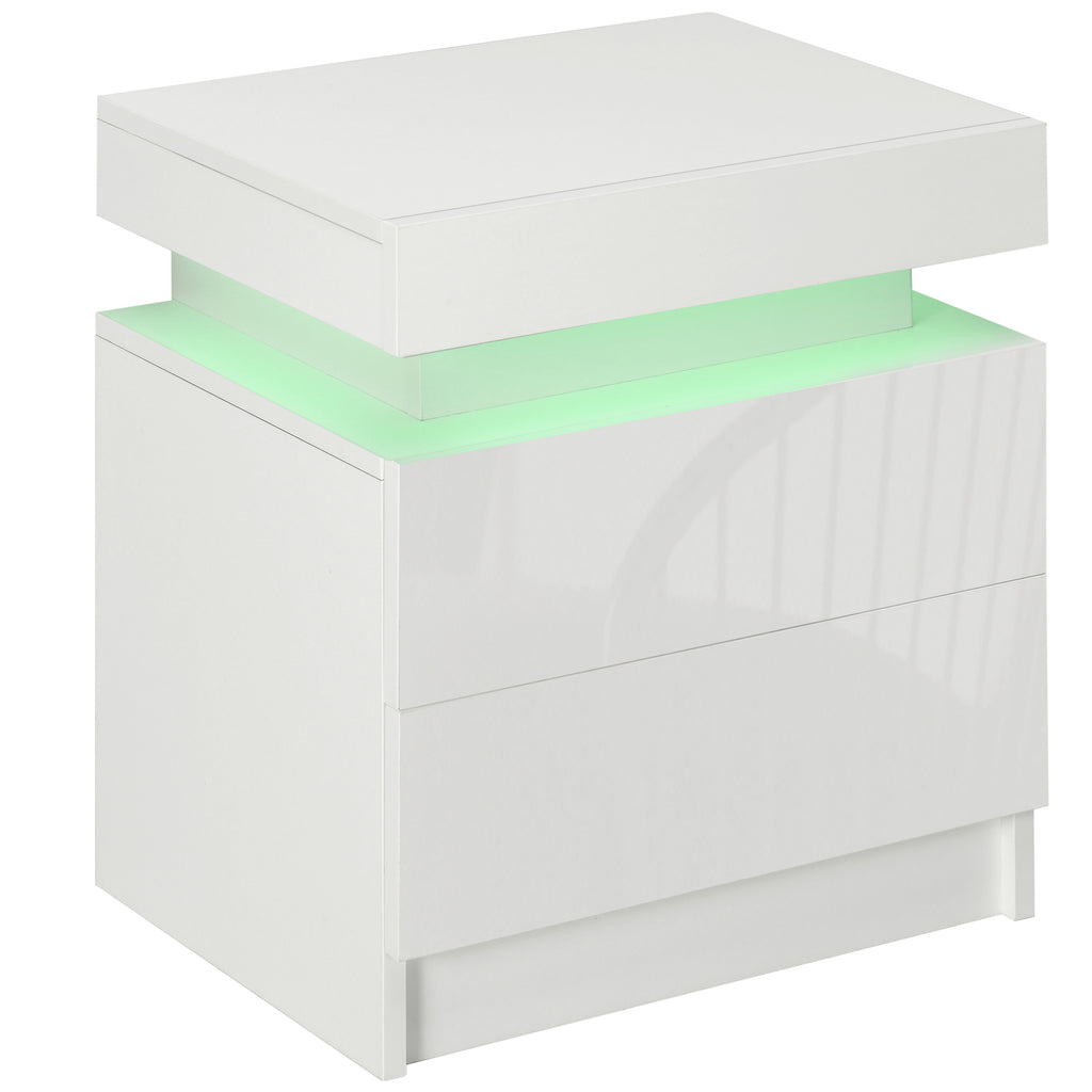 Bedside Table, High Gloss Front Bedside Cabinet w/ LED Light, 2 Drawers