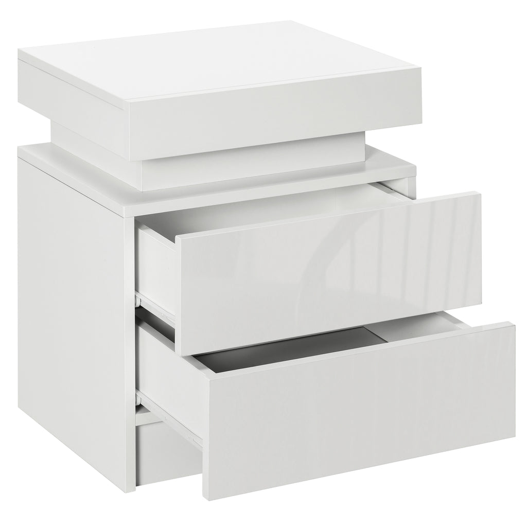 Bedside Table, High Gloss Front Bedside Cabinet w/ LED Light, 2 Drawers